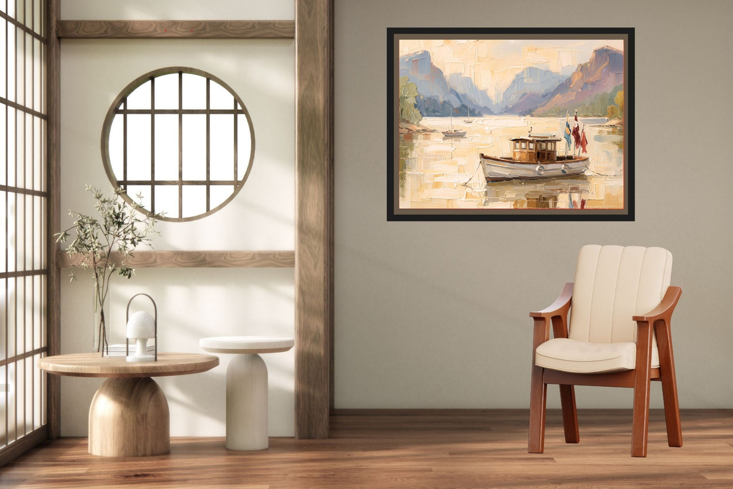 Silent Morning | Mountain Lake Boat Art Print | Impressionist Landscape | Coastal Cabin Decor | Giclée on Paper, Canvas, Wood & Metal