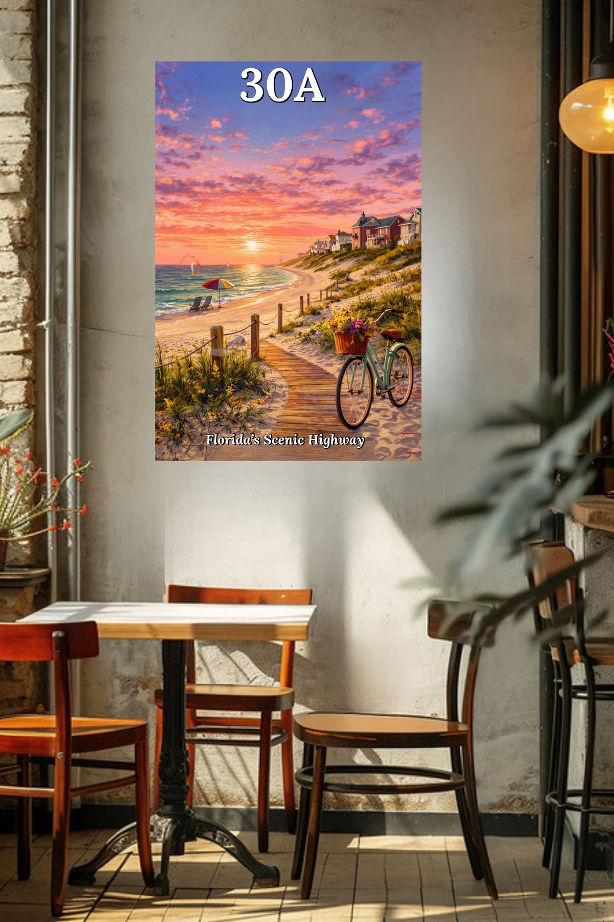 Bicycle Ride Along Florida 30A| Beach and Sunset Art| Travel Poster| Giclee Paper- Wood- Metal- Canvas