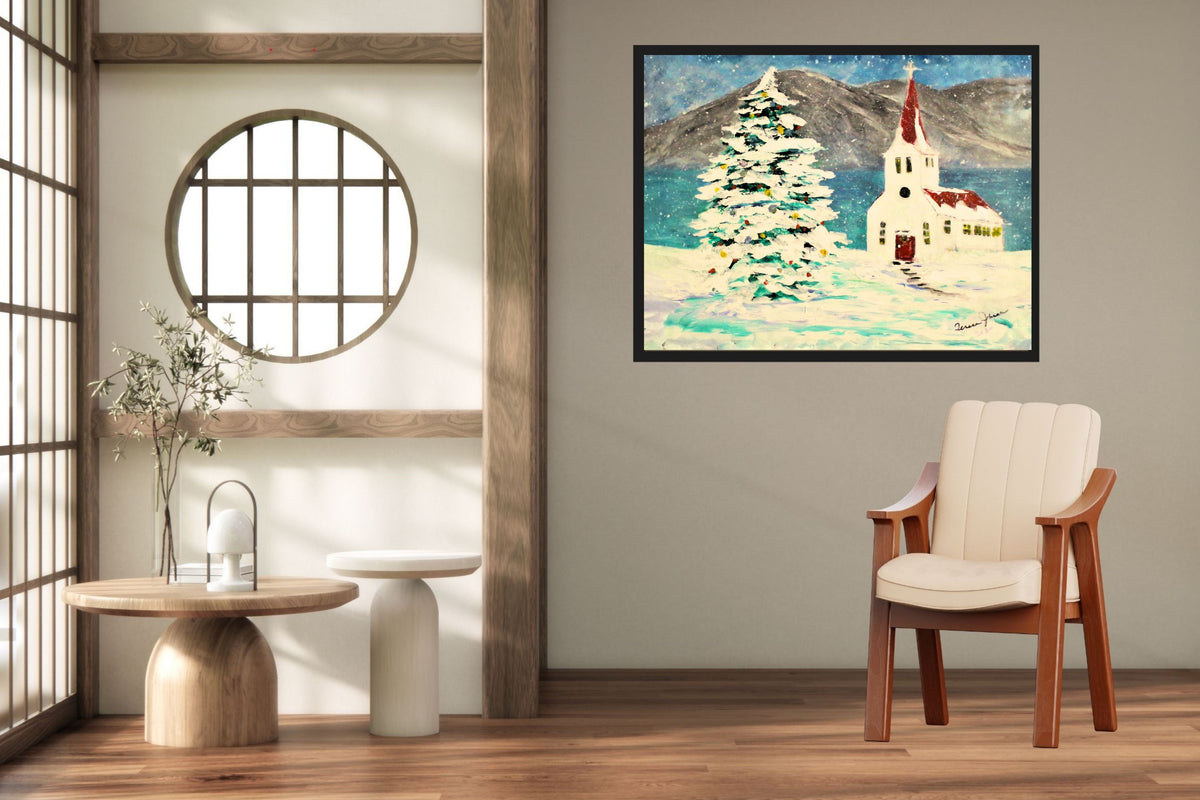 Church In the Rockies| Christmas Tree in Snow art| Giclee Paper- Wood- Metal- Canvas