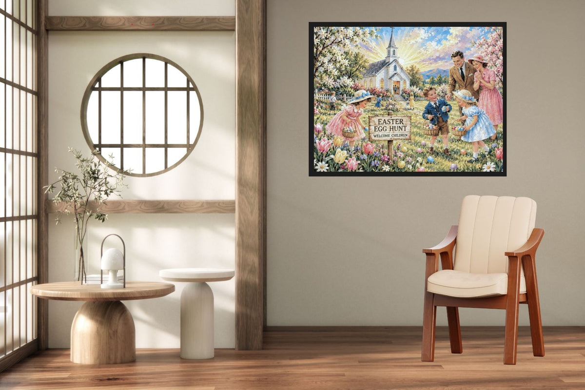 Easter Egg Hunt At the Country Church | Giclee Paper, Prints, Canvas, Wood, or Metal Art