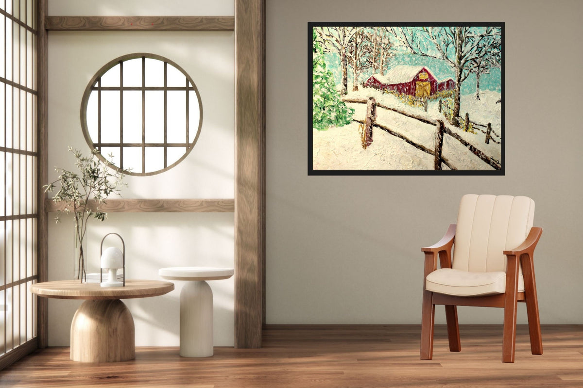 Snowy Christmas Morning| Merry Christmas Art| Vintage Look Farm Barn| Giclee Paper- Wood- Metal- Canvas