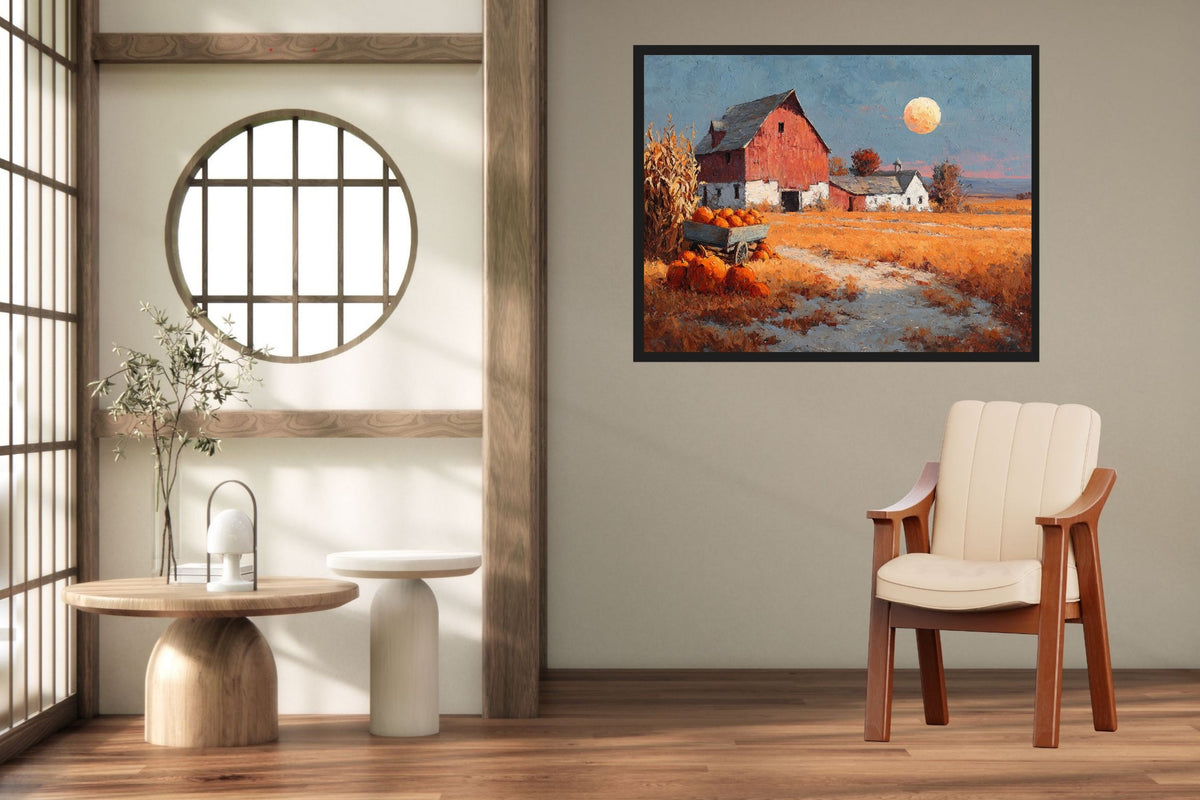 Harvest Moon at the Old Red Barn | Autumn Farmhouse Art | Prints, Canvas, Wood, or Metal