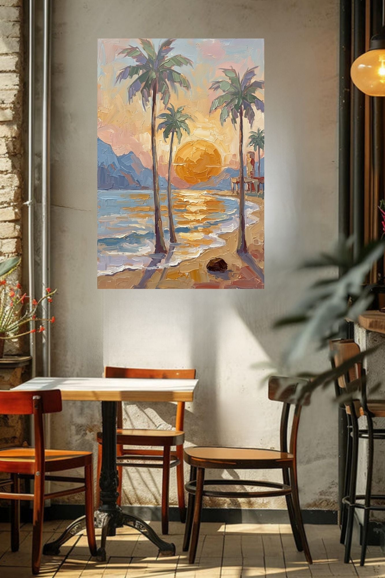 Tropical Sunset View | Impressionist Island Beach Wall Art | Coastal Palm Tree Painting | Giclée Print on Paper, Canvas, Wood & Metal