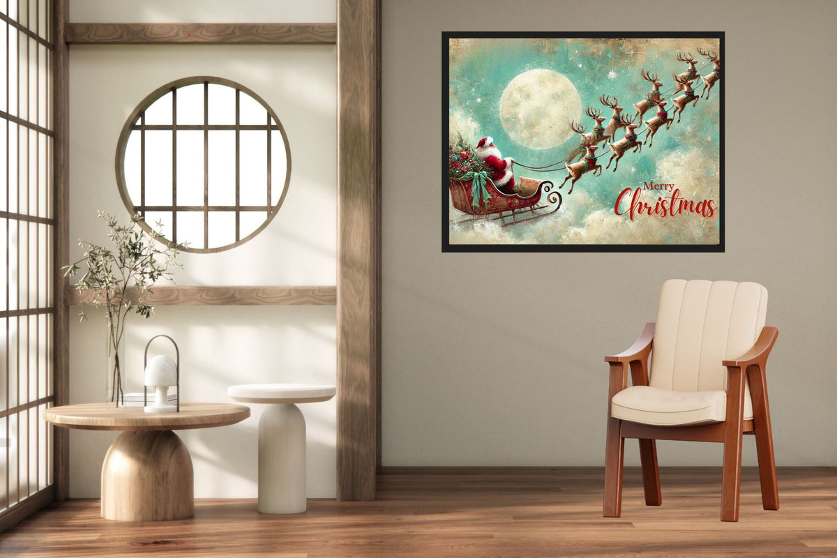 Merry Christmas to All| Santa in his Sleigh Holiday art| Prints and Canvas-Giclee Paper- Wood- Metal