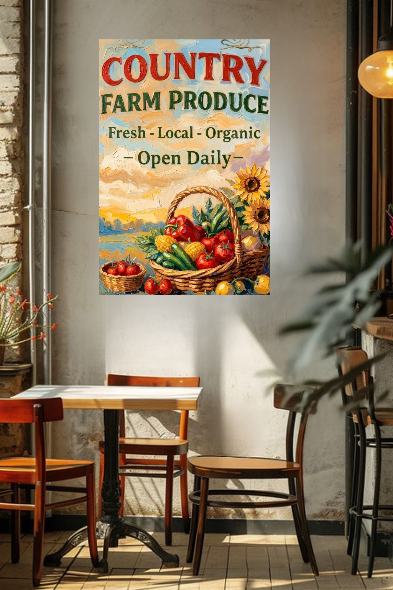 Country Farm Produce Sign | Fresh Local Organic Farm Market Wall Art | Rustic Farmhouse Kitchen Decor | Canvas, Wood, Metal &amp; Giclée Print