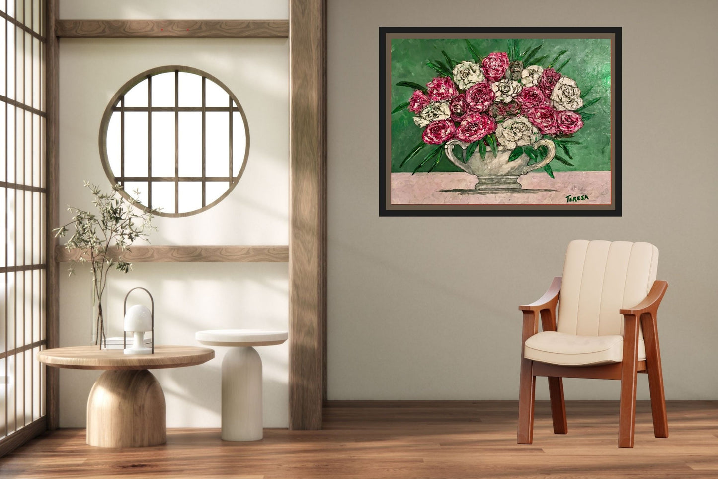 Garden's Best Arrangement | Original Teresa Johnson Floral Painting | Pink & White Roses in Vintage Pitcher | Giclée Paper • Wood • Metal • Canvas