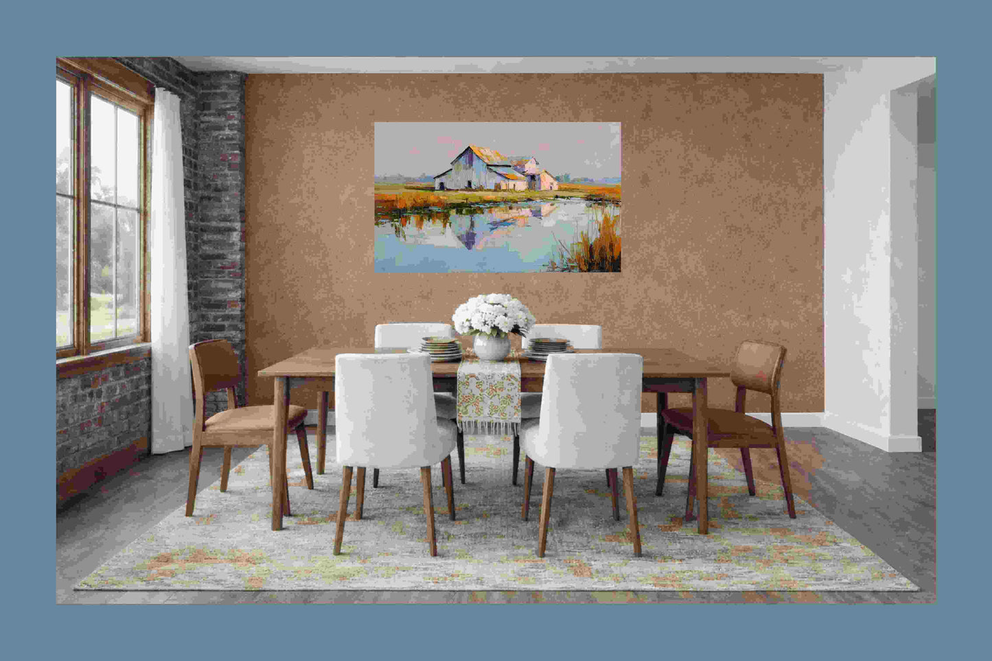 Still Water Farm – Impressionist Barn Reflection Painting, Farmhouse Wall Art, Giclée on Canvas, Wood, Metal & Fine Art Paper