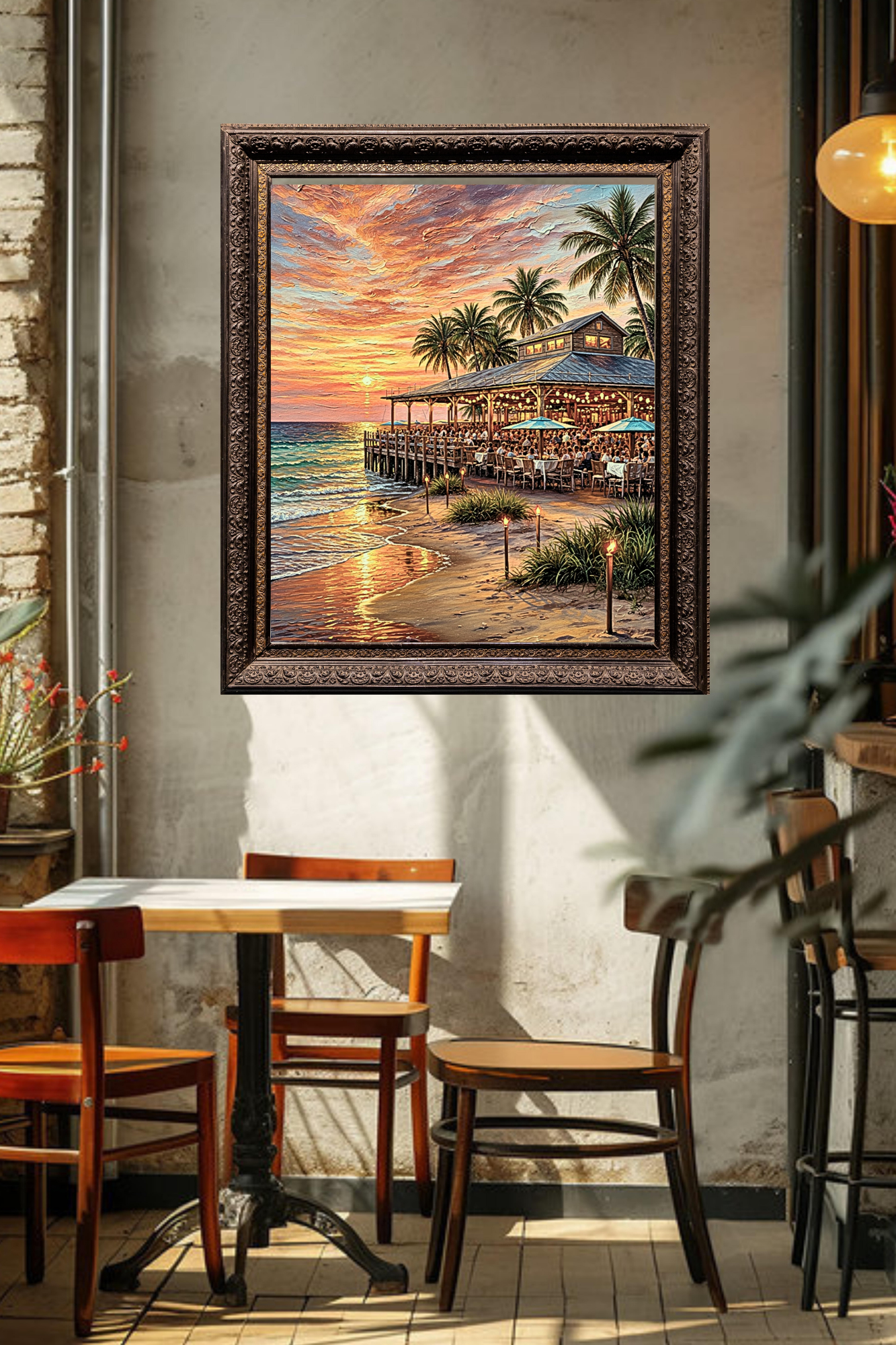 Beachside Dining At Sunset| Coastal Print| Vacation Art| Ocean Beach Print| Travel Poster| Giclee Paper- Wood- Metal- Canvas
