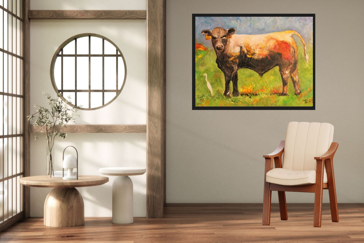 White Egret and the Bull|Cattle Farm| Animal Art| Giclee Paper- Wood- Metal- Canvas