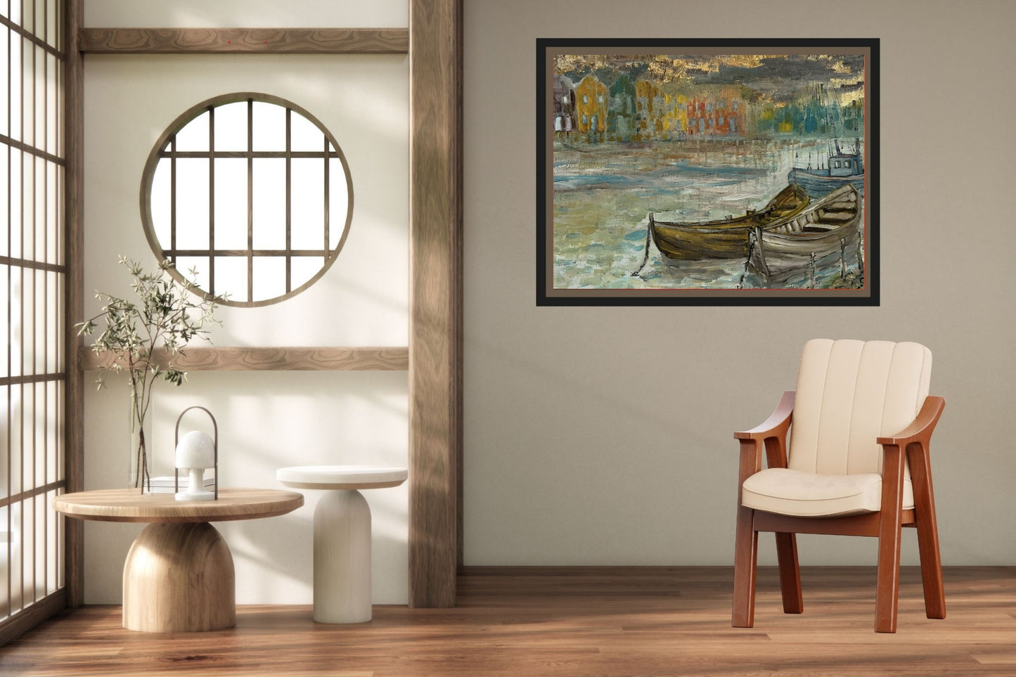 Rainy Harbor | Original Teresa Johnson Coastal Harbor Painting | Fishing Boats & Waterfront Village | Giclée Paper • Wood • Metal • Canvas