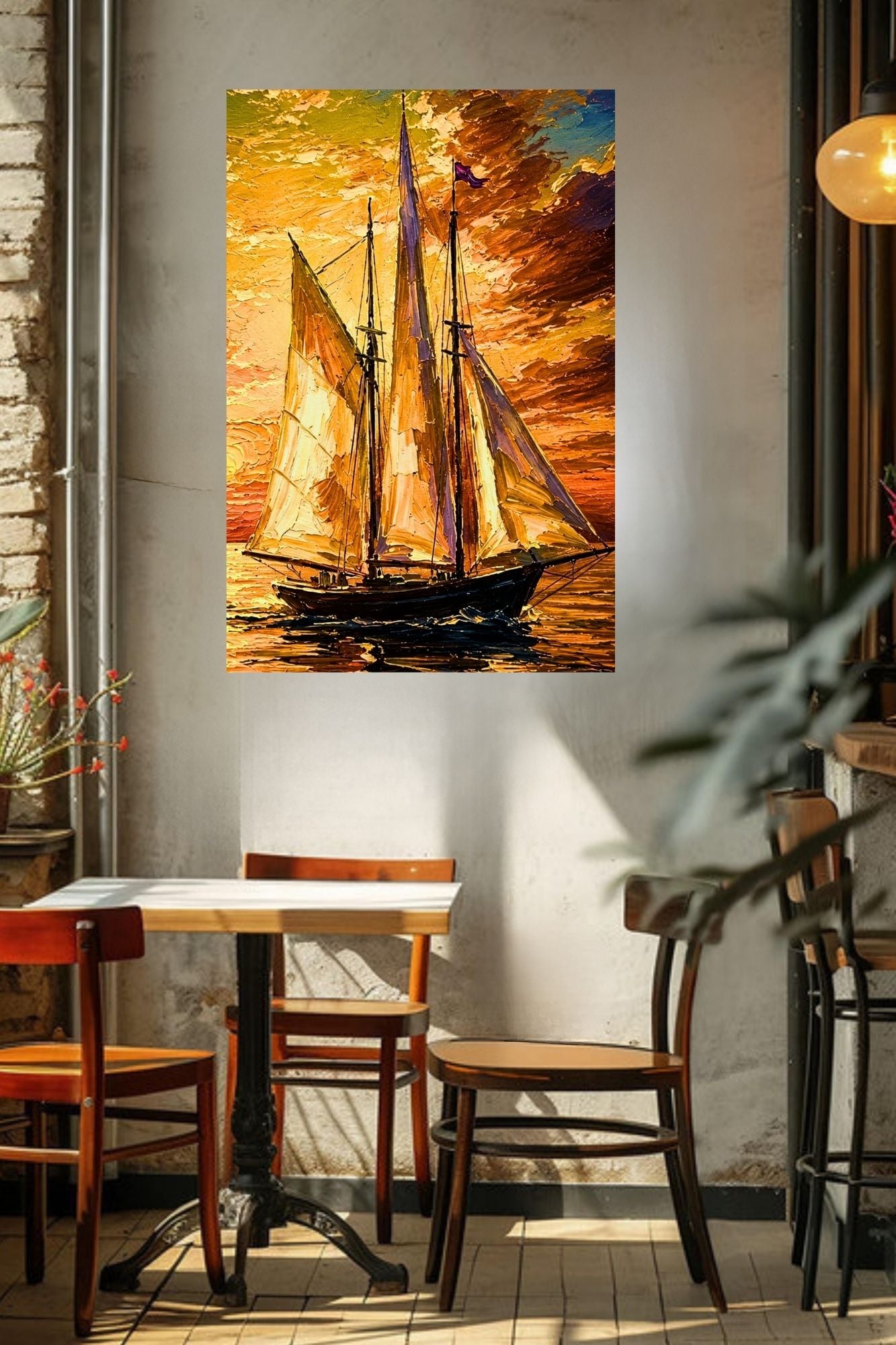 Golden Evening Voyage | Impressionist Sailboat Sunset Wall Art | Coastal Ocean Painting | Giclée Print on Paper, Canvas, Wood & Metal