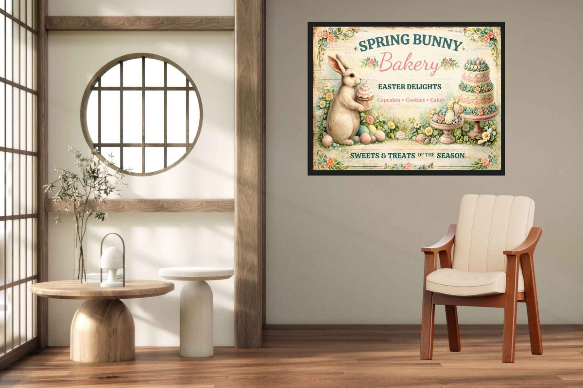 Spring Bunny Bakery Sign With Treats| Prints, Canvas, Wood, or Metal Art