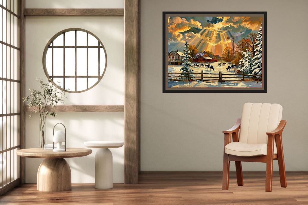 Winter Farm | Farmhouse Print| Snow Covered Ranch | Winter Art | Giclée Paper • Wood • Metal • Canvas