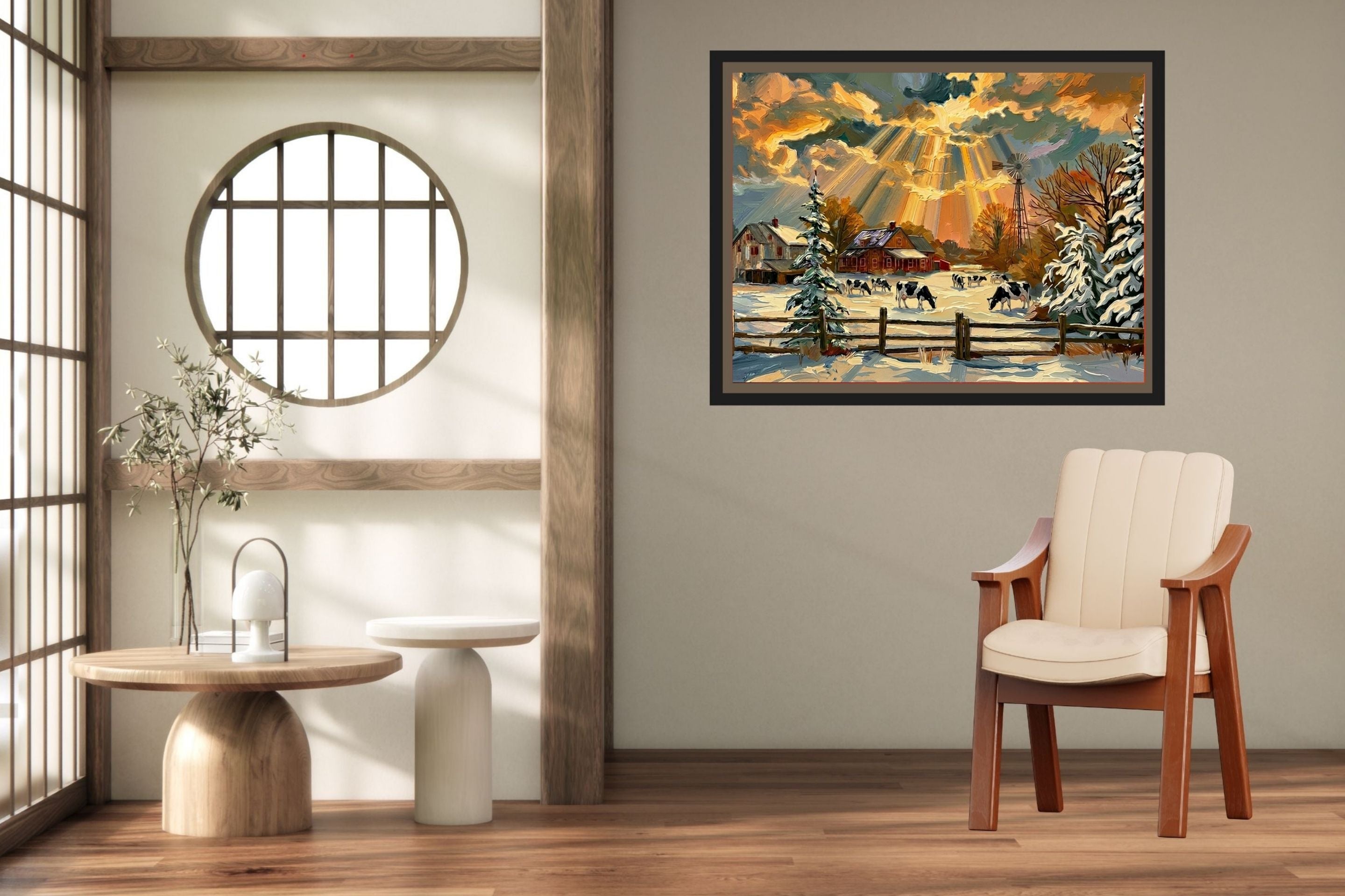 Winter Farm | Farmhouse Print| Snow Covered Ranch | Winter Art | Giclée Paper • Wood • Metal • Canvas