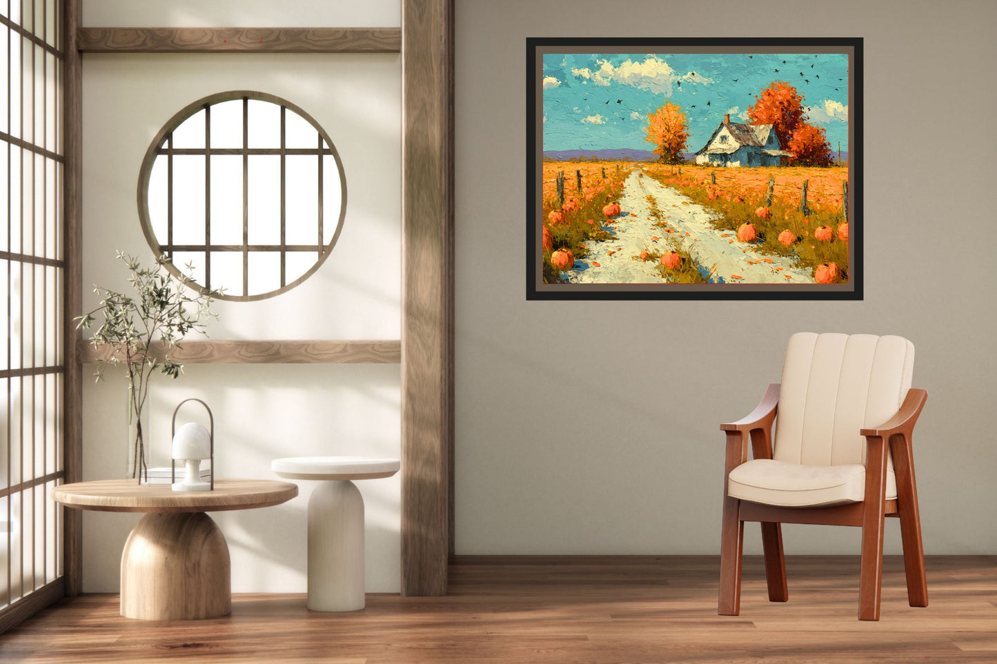 Autumn Farm Road | Fall Farmhouse Landscape Art | Pumpkin Patch Decor | Giclee Paper • Wood • Metal • Canvas