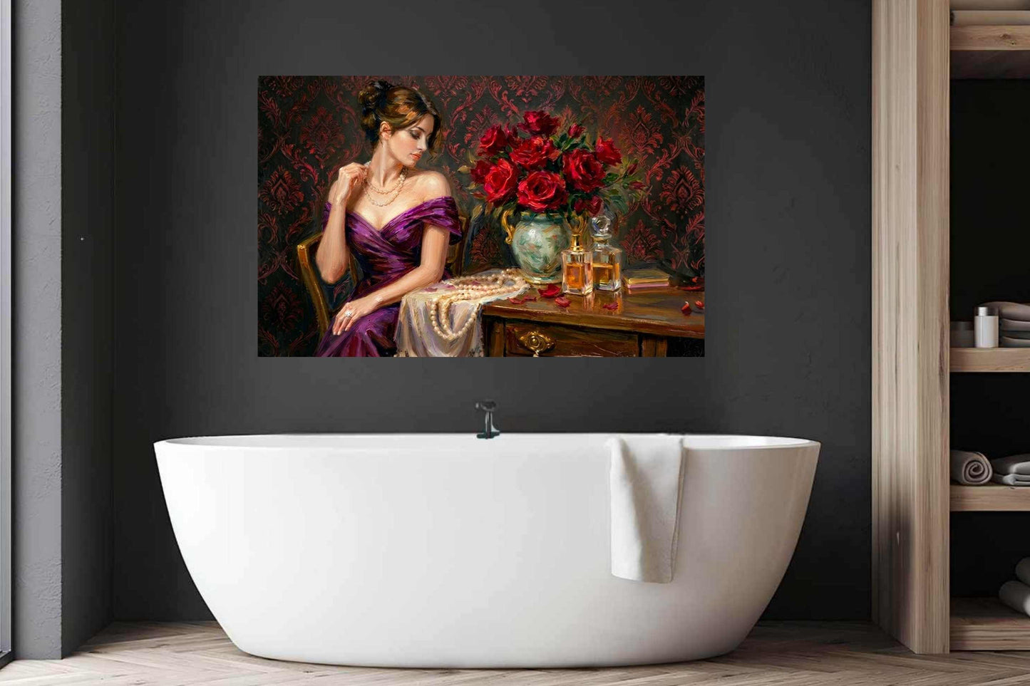 Lady of the Crimson Roses | Elegant Woman Portrait | Vintage Victorian Wall Art | Romantic Floral Giclée Print | Elegant Woman with Roses | Vintage Portrait Wall Art | Romantic Victorian Decor | Giclée Print on Paper, Canvas, Wood & Metal