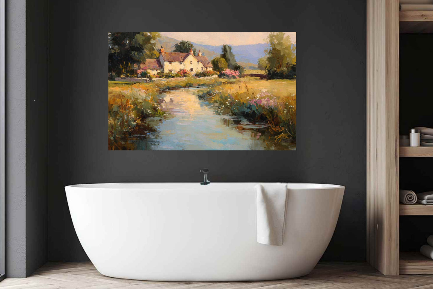 Whispering Brook Cottage | English Print| Cottage Landscape Print| Impressionist Country| Cottagecore Art| Giclee Paper- Wood- Metal- Canvas