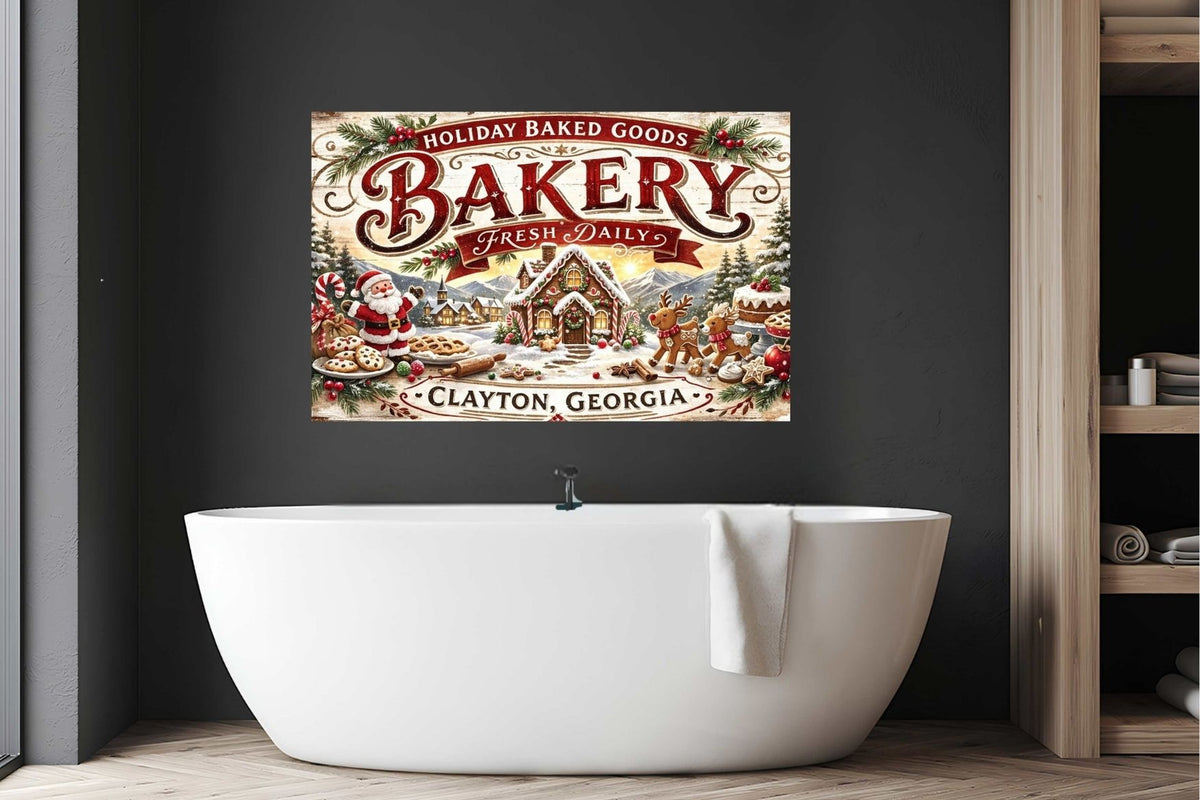 Christmas Bakery Clayton Georgia Vintage Style Sign- Art Giclee Paper- Wood- Metal- Canvas