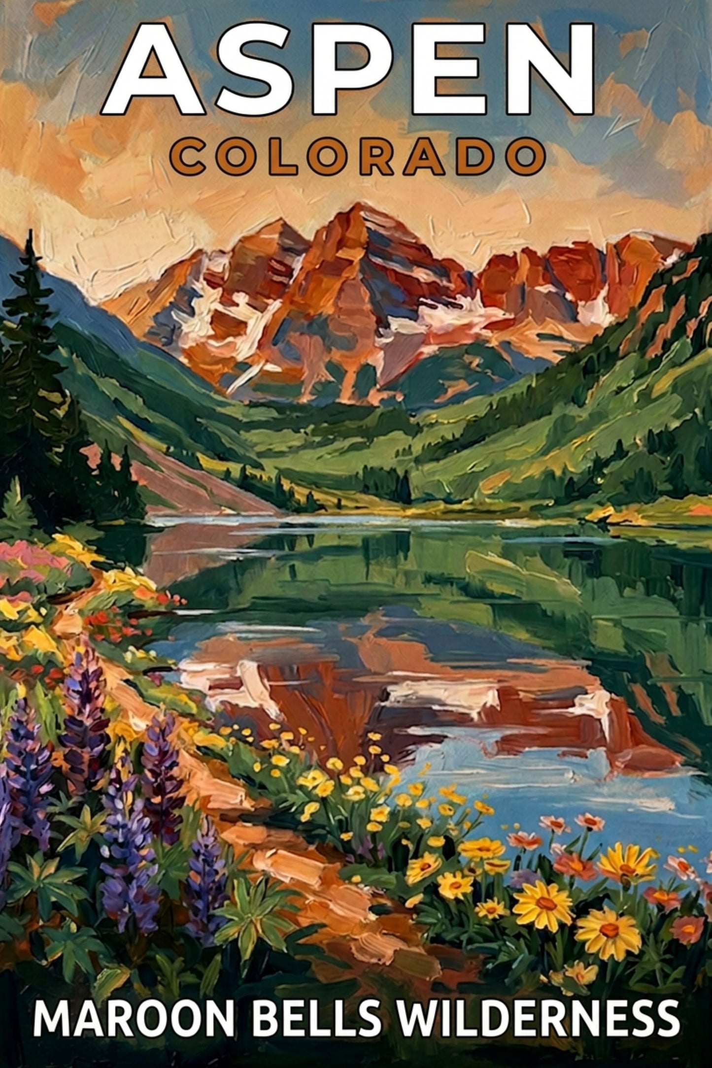 Aspen Colorado – Maroon Bells Wilderness | Mountain Lake Travel Poster | Impressionist Rocky Mountain Wall Print| Giclée Canvas, Metal, Wood & Paper Print