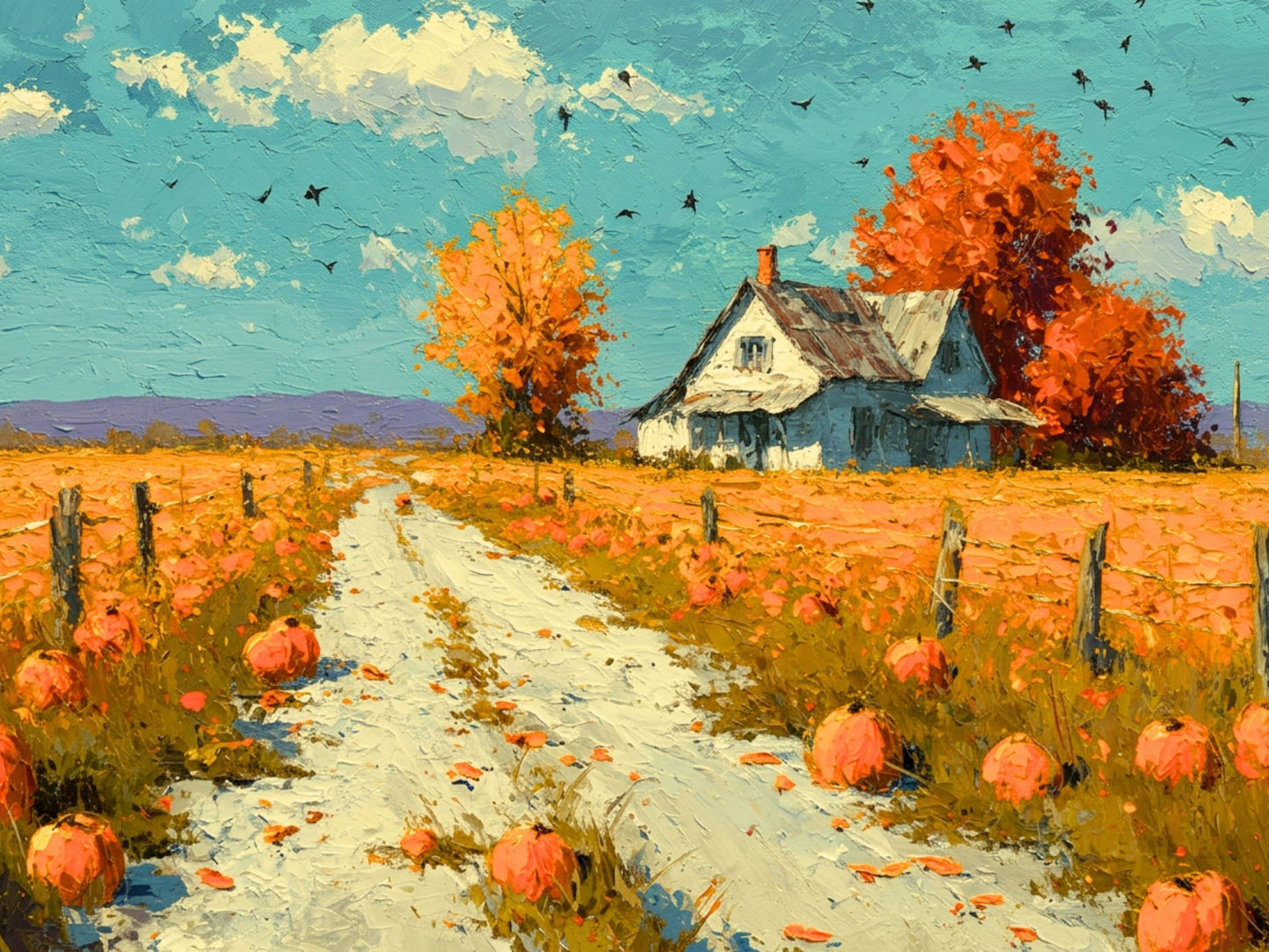 Autumn Farm Road | Fall Farmhouse Landscape Art | Pumpkin Patch Decor | Giclee Paper • Wood • Metal • Canvas