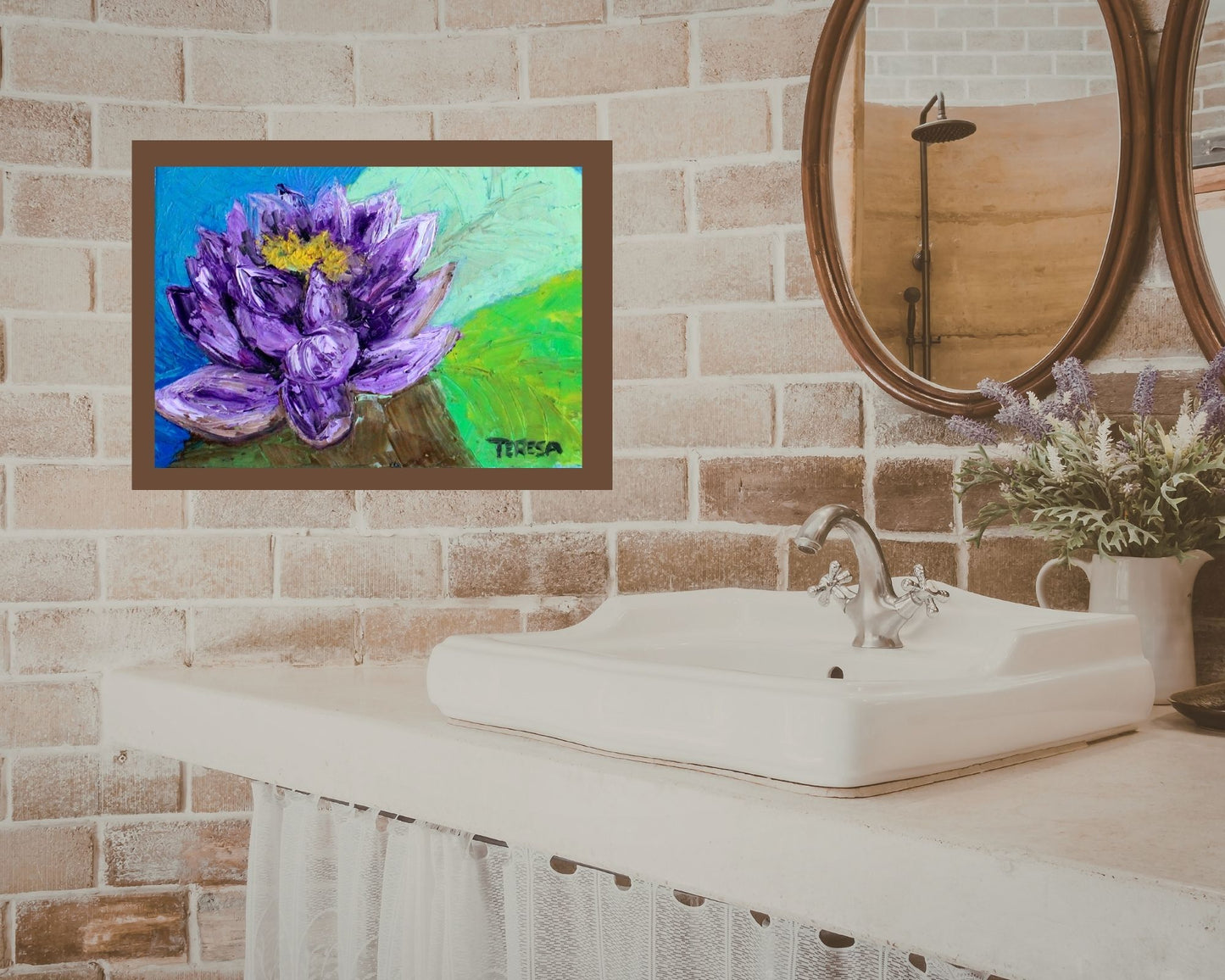 Purple Beauty. Lovely Water Lily in Rich Purple Tones Textured Impressionist Wall Art | Original Acrylic Painting| Purple Beauty. Lovely Water Lily (8x10x .5-inch) | Teresa Johnson