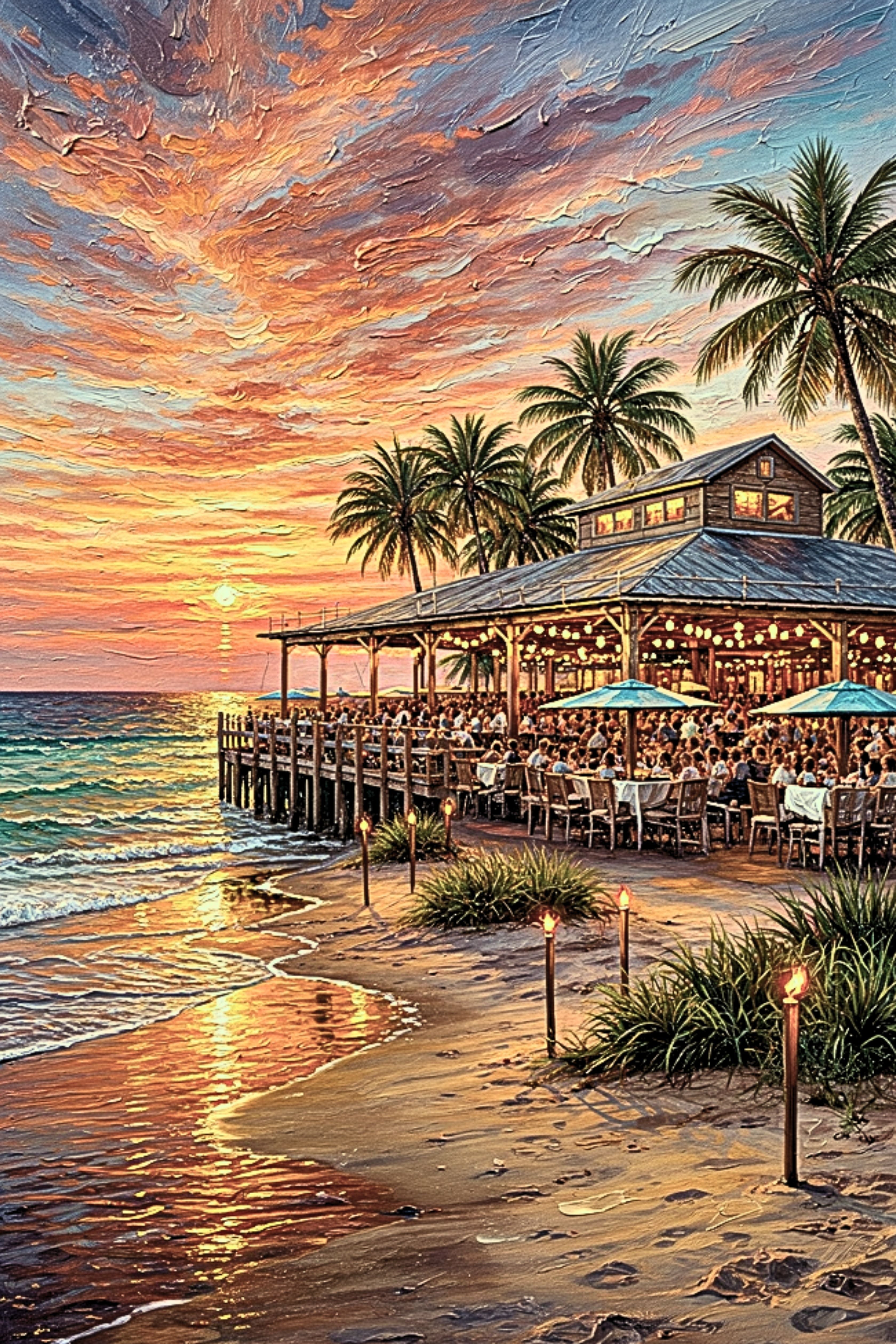 Beachside Dining At Sunset| Coastal Print| Vacation Art| Ocean Beach Print| Travel Poster| Giclee Paper- Wood- Metal- Canvas