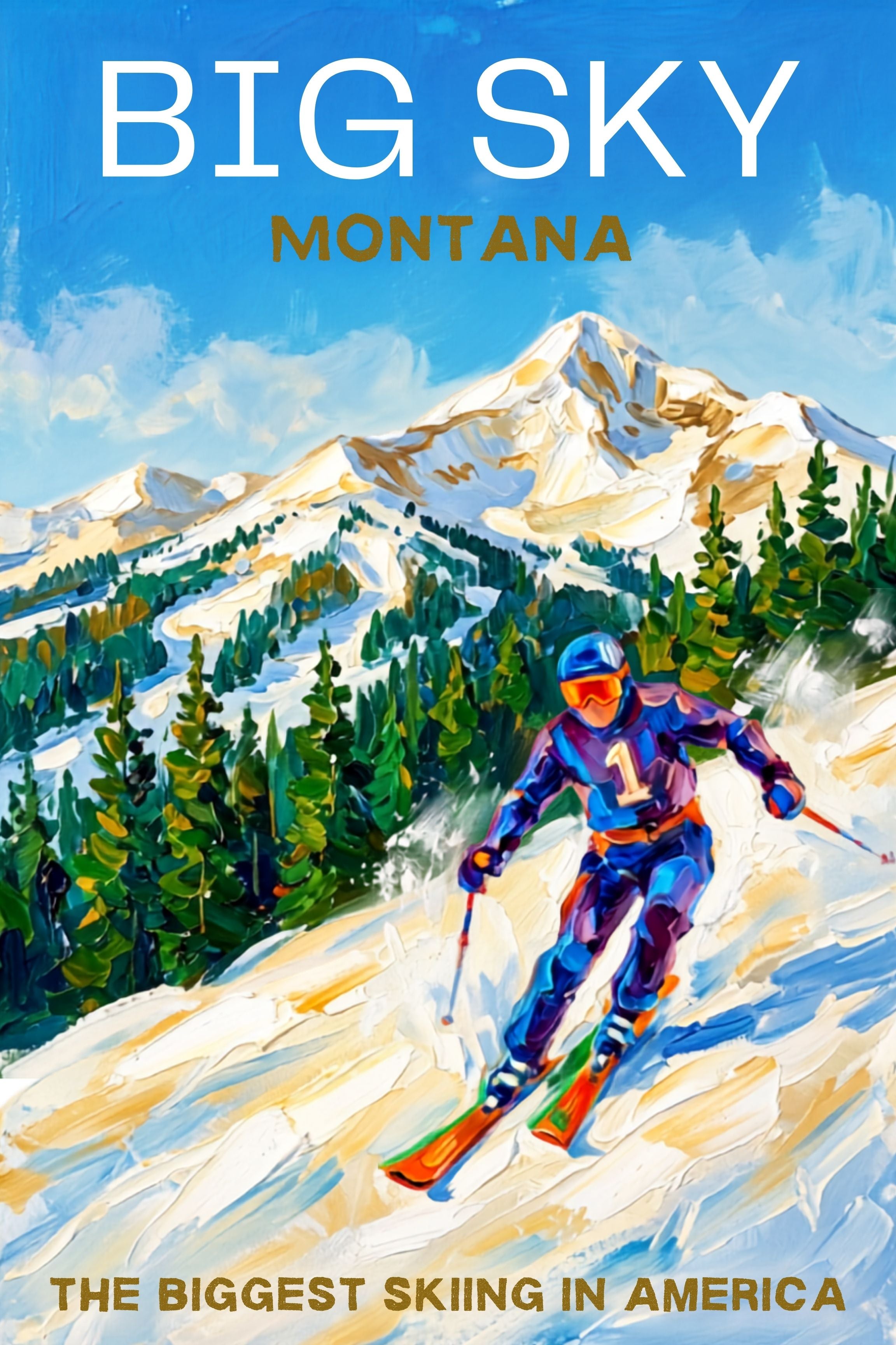 Big Sky Montana | Snow Print| The Biggest Skiing in America Travel Poster | Mountain Ski Resort| Giclée Print on Paper, Canvas, Wood, Metal