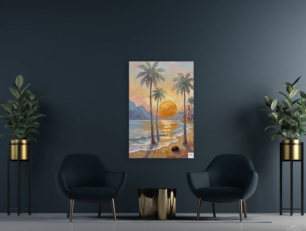 Tropical Sunset View | Impressionist Island Beach Wall Art | Coastal Palm Tree Painting | Giclée Print on Paper, Canvas, Wood & Metal