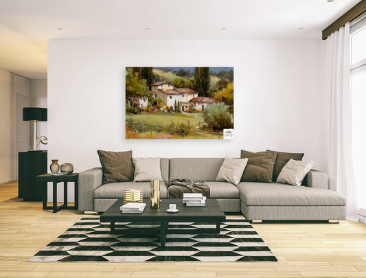 Golden Hillside Retreat – Impressionist Tuscan Countryside Painting, Giclée on Canvas, Wood, Metal & Fine Art Paper