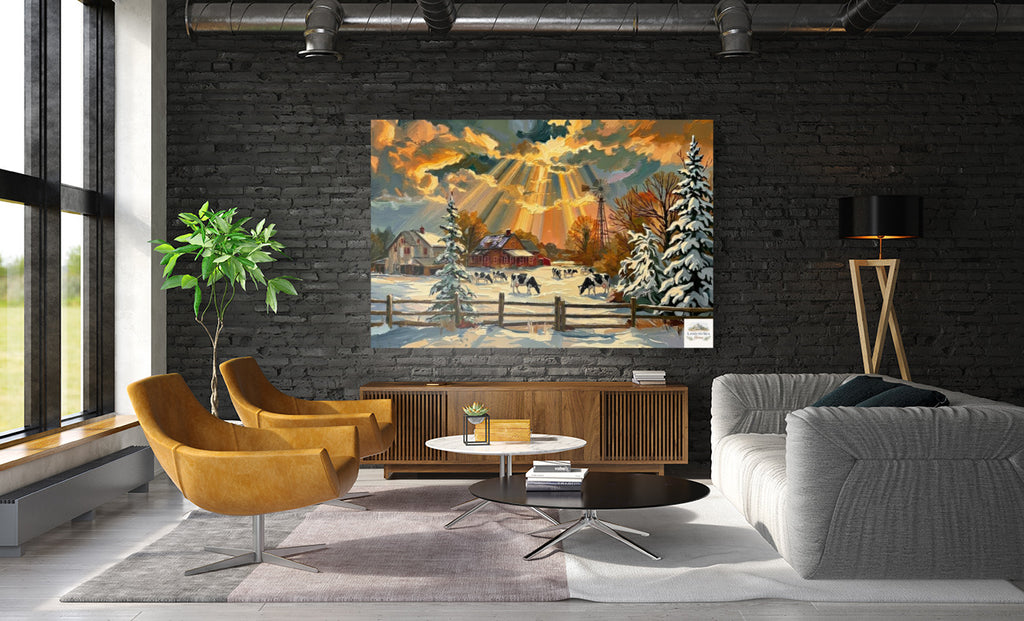 Winter Farm | Farmhouse Print| Snow Covered Ranch | Winter Art | Giclée Paper • Wood • Metal • Canvas