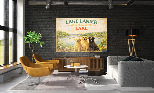 Lake Lanier Sunset with Happy Pups| Buford Dam| Chattahoochee Rivers Art| Giclee Paper- Wood Sign- Metal Sign- Canvas