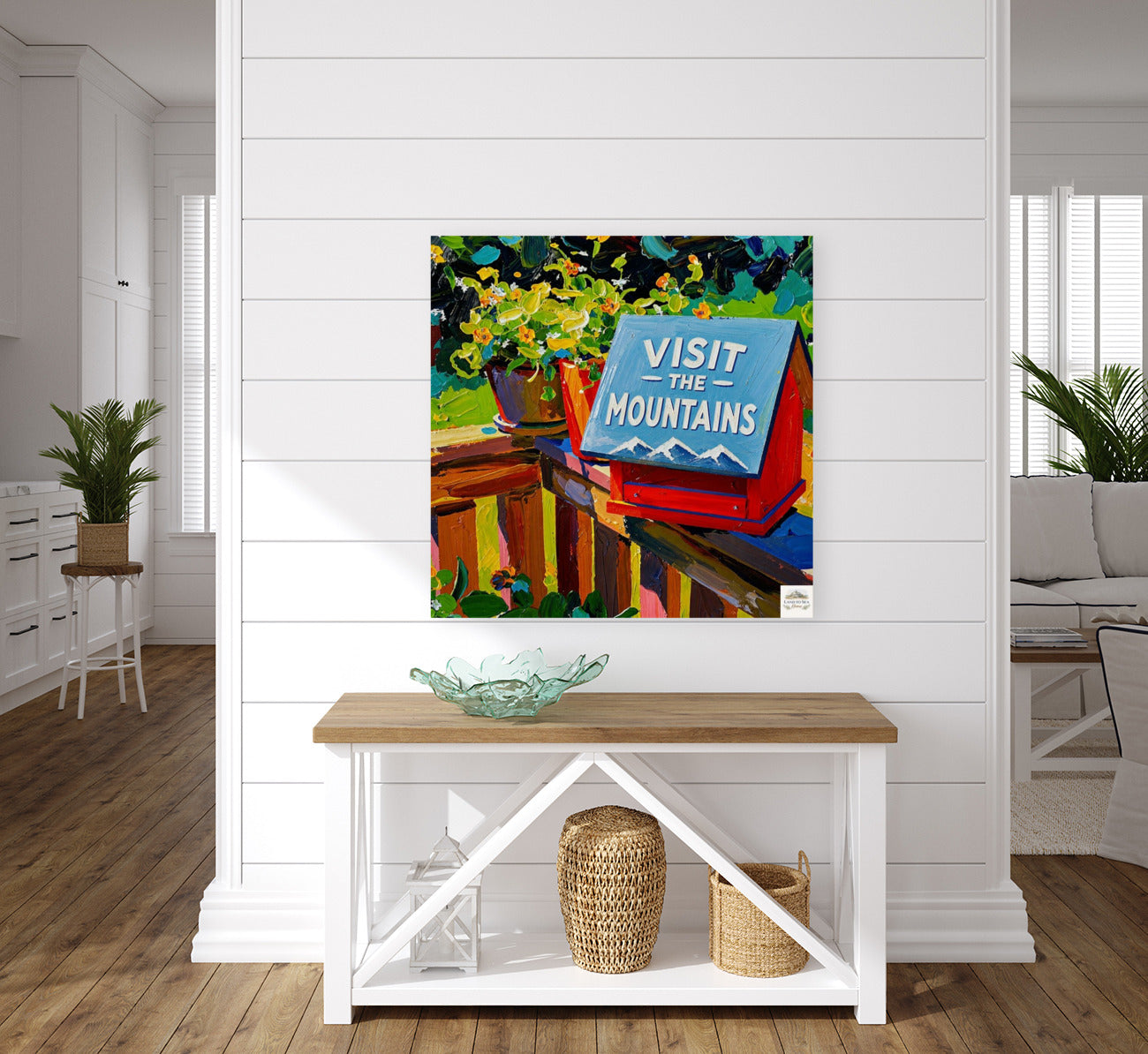 Visit the Mountains Birdhouse | Colorful Mountain Cabin Garden Art | Whimsical Impressionist Birdhouse Painting | Cottage & Cabin Wall Decor
