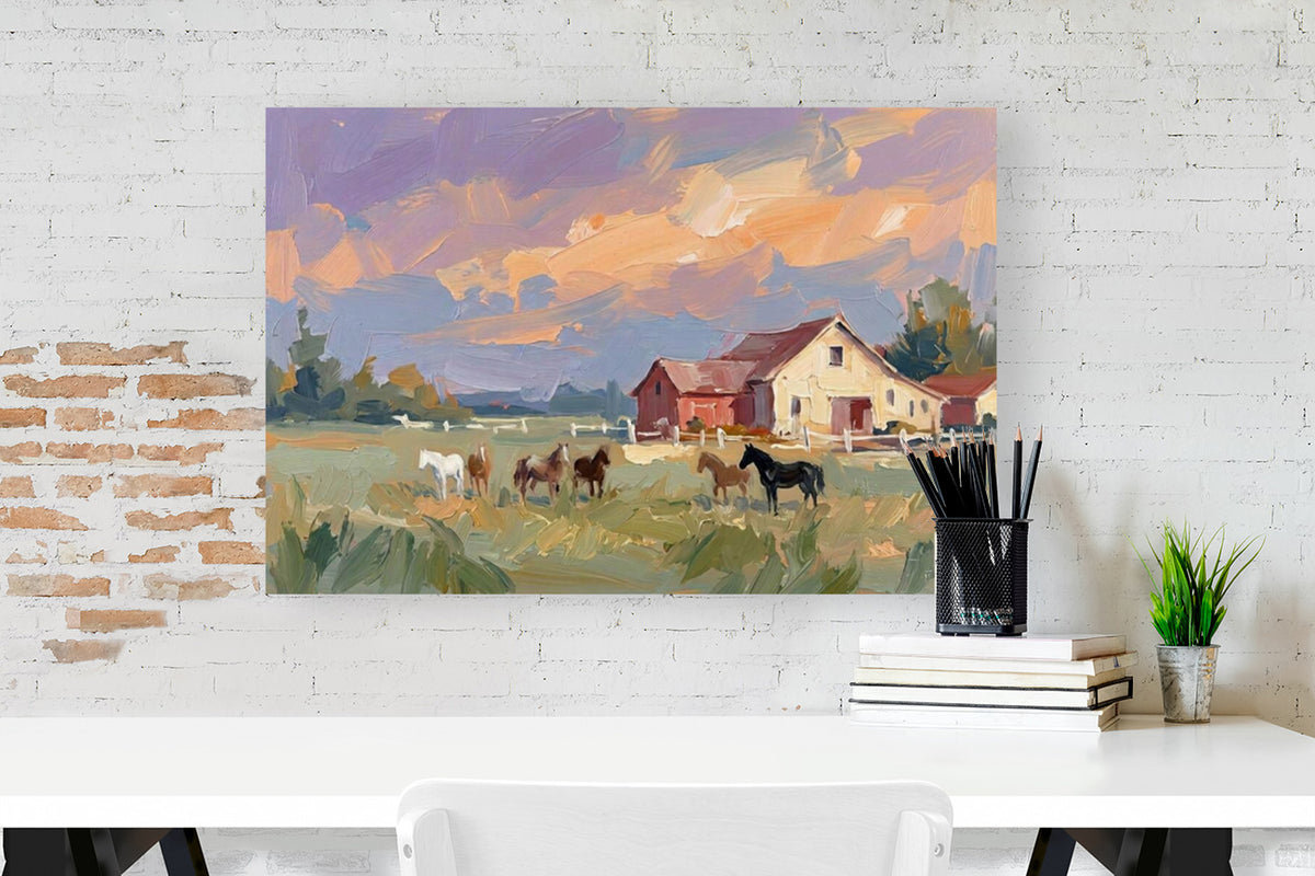 Spring Morning Stables |Pastel Impressionist Print| Horse Farm Print| Equestrian Wall Art| Giclée on Canvas, Wood, Metal, Fine Art Paper