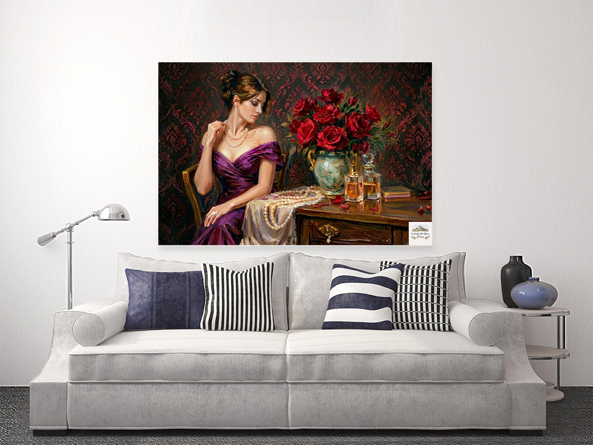 Lady of the Crimson Roses | Elegant Woman Portrait | Vintage Victorian Wall Art | Romantic Floral Giclée Print | Elegant Woman with Roses | Vintage Portrait Wall Art | Romantic Victorian Decor | Giclée Print on Paper, Canvas, Wood & Metal