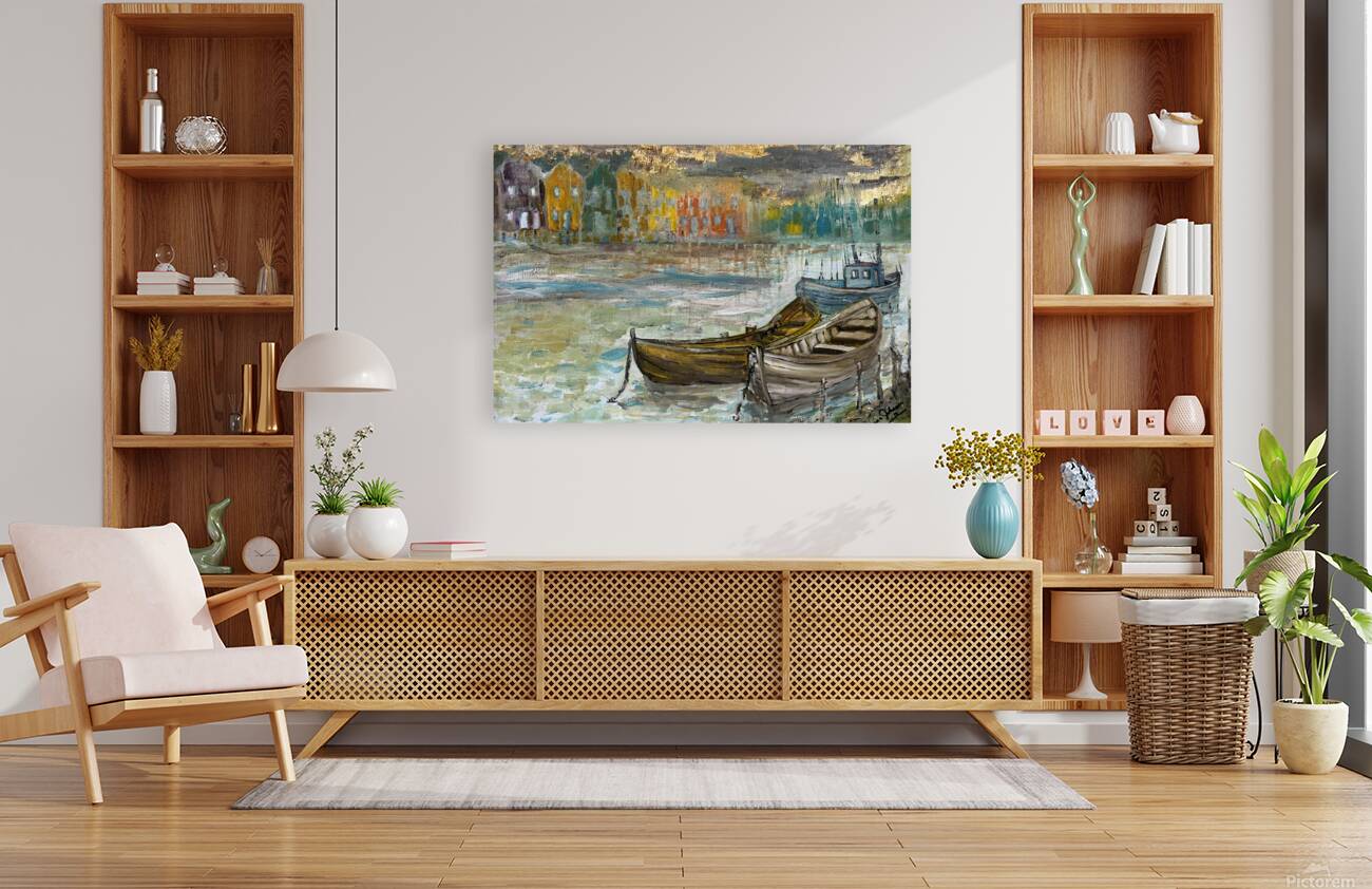 Rainy Harbor | Original Teresa Johnson Coastal Harbor Painting | Fishing Boats & Waterfront Village | Giclée Paper • Wood • Metal • Canvas