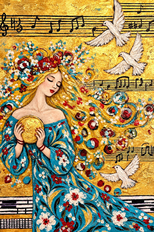 Carol’s Golden Song | Heavenly Inspired Music Art | Woman and Dove Wall Art | Giclée Paper, Canvas, Wood or Metal