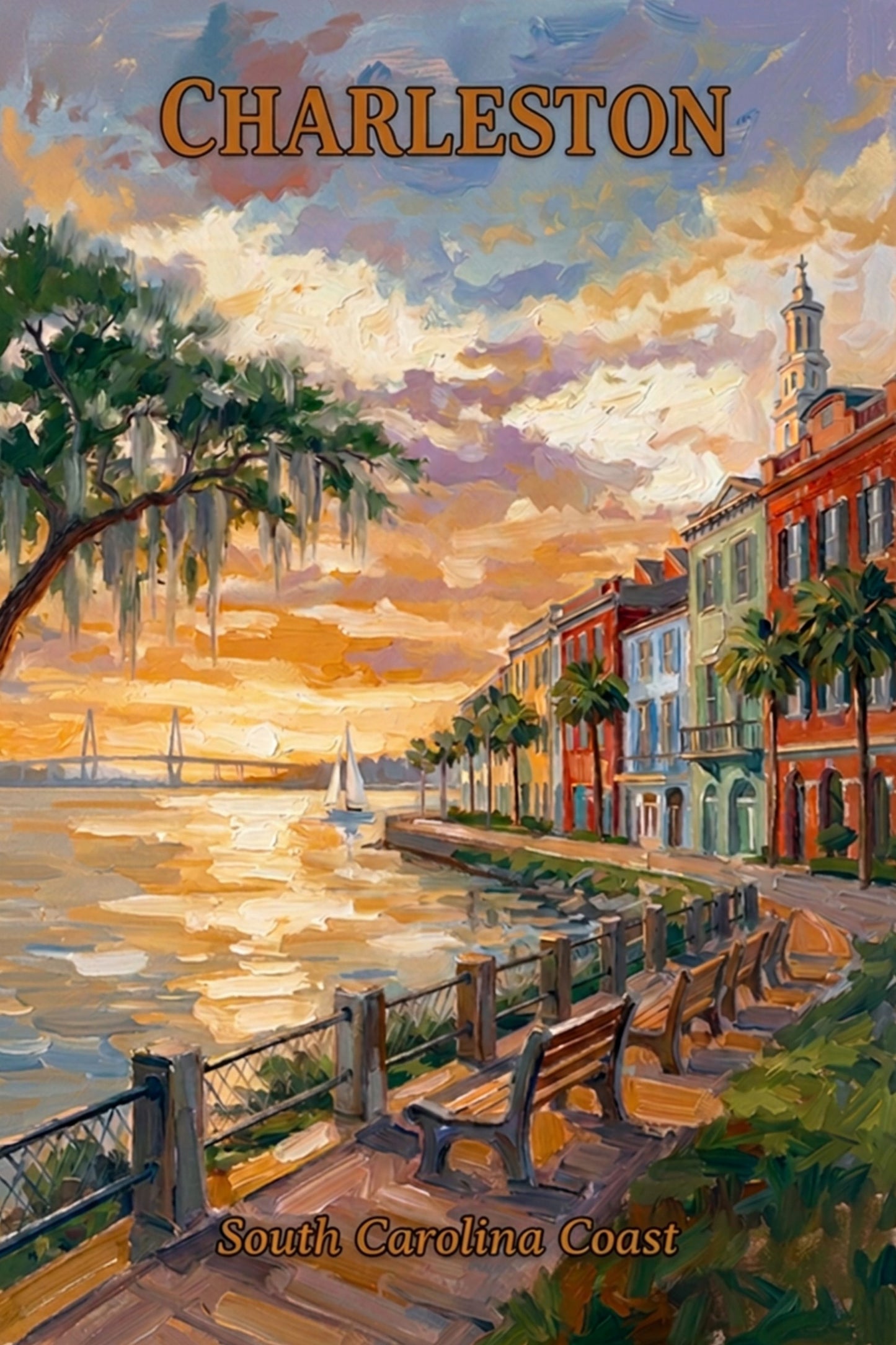 Charleston Sunset And Coastal Charm| US East Coast Art | Travel Poster|Prints Giclee Paper Giclee Canvas Birch Wood And Metal Panels