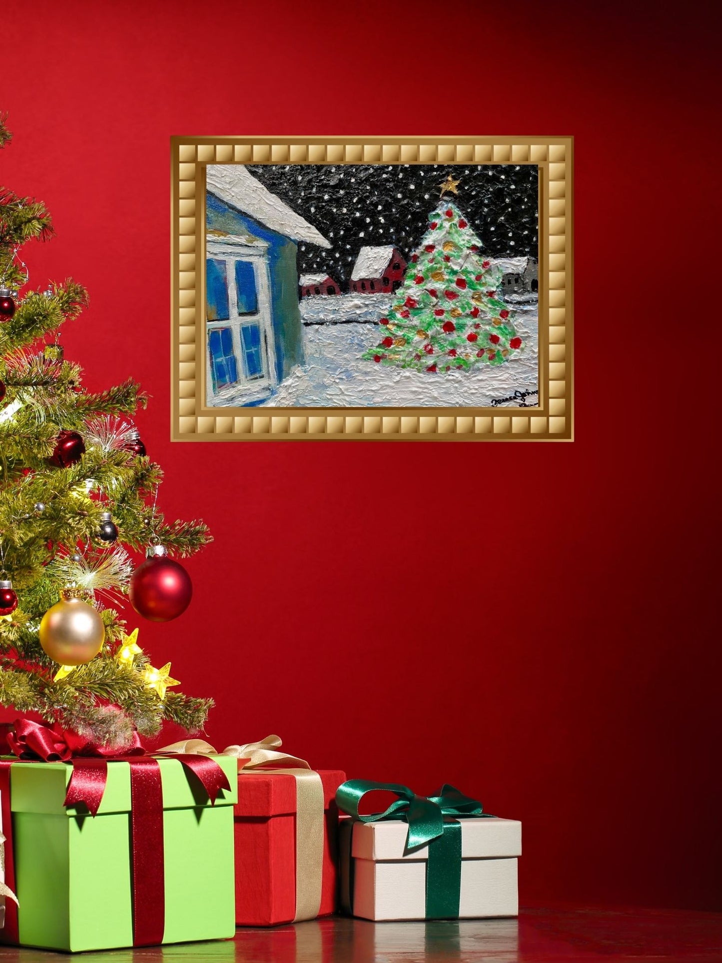 Country Christmas – 12 x 16x 0.5inch- Heavy Texture Acrylic and Mixed Media