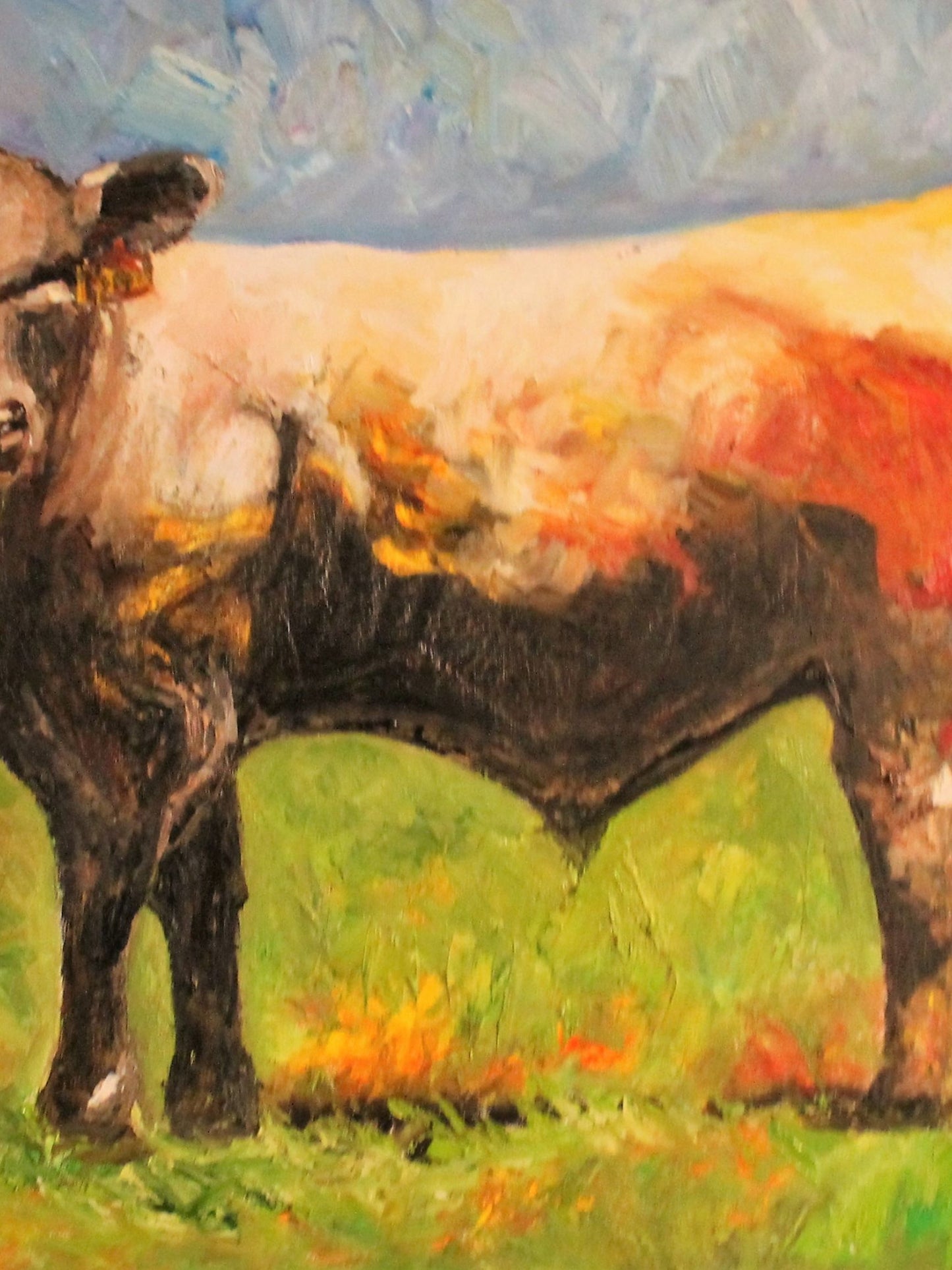 White Egret and the Bull. Original 24x36x1.5 inch-Animal-Textured Oil Gallery Wrap Painting