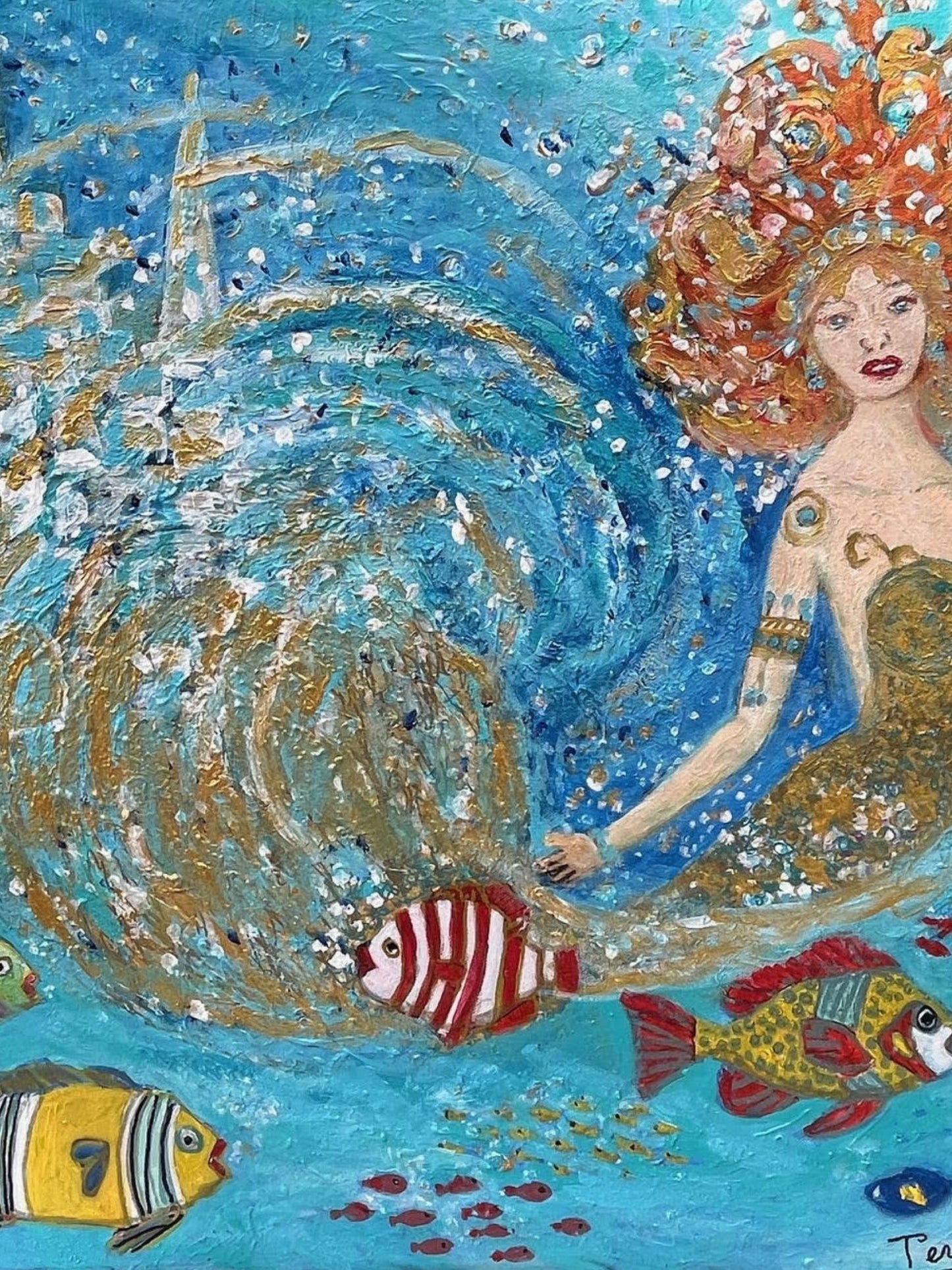 Nautica mermaid art – Original Acrylic Painting| (24x12x 1.5-inch) Textured Impressionist Wall Art | Teresa Johnson