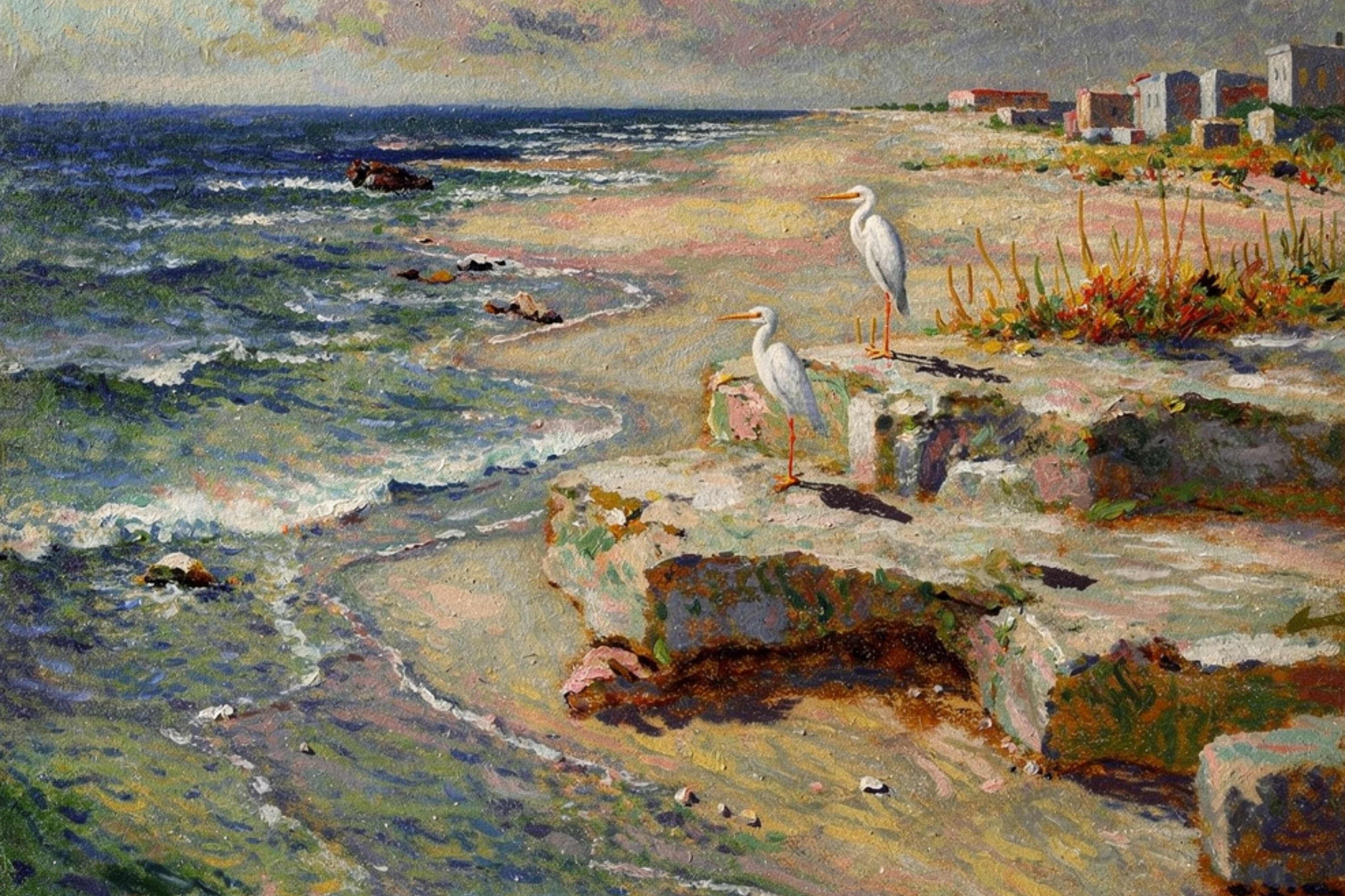 Coastal Herons – Impressionist Print| Beach Print| Shorebirds at the Surf| Coastal Wall Art| Giclée on Canvas, Wood, Metal, Fine Art Paper