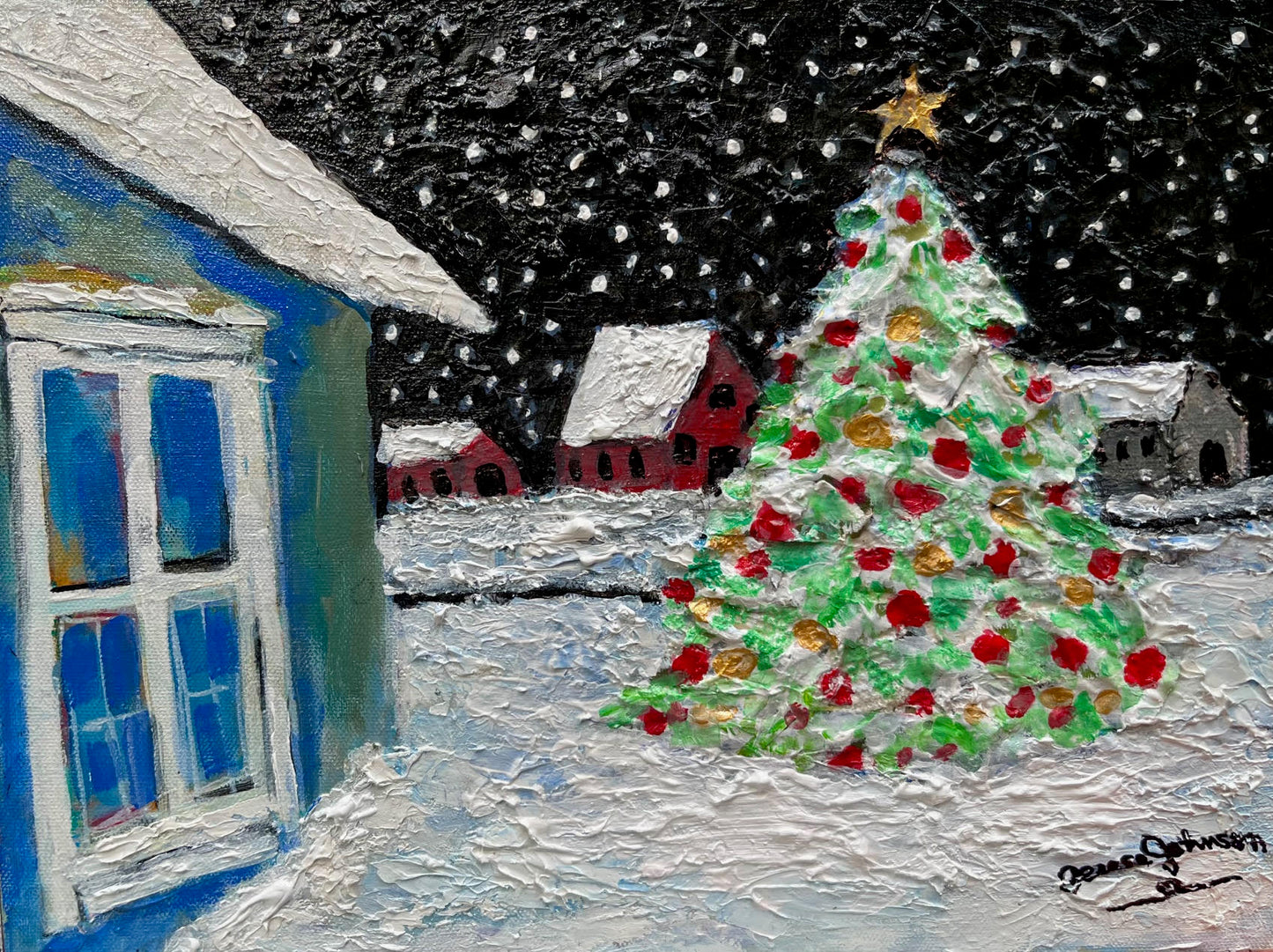 Country Christmas – 12 x 16x 0.5inch- Heavy Texture Acrylic and Mixed Media
