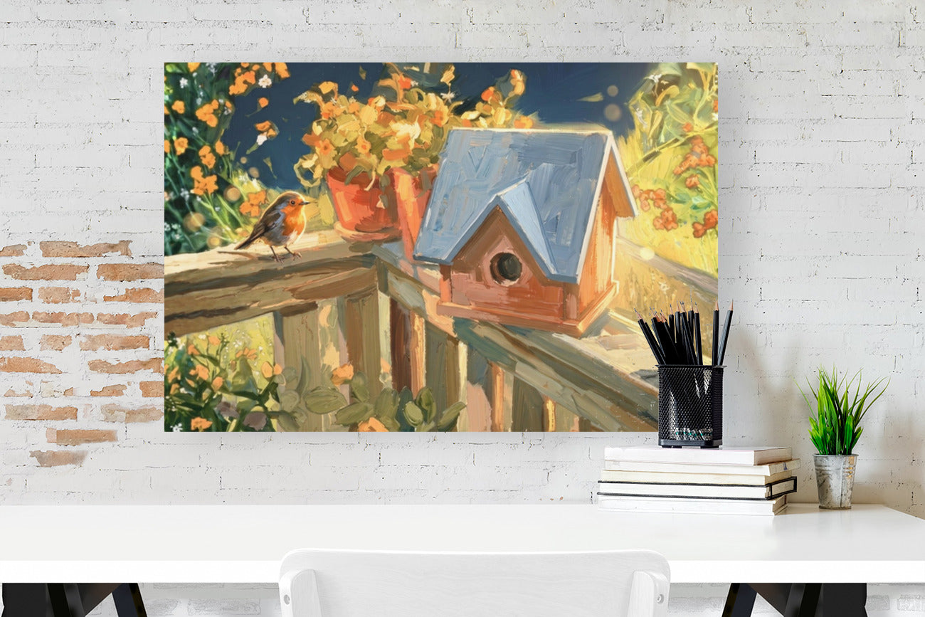 Deck Life | Charming Birdhouse Prints | Songbird Garden Art | Impressionist Cottage Garden Painting | Giclee on Paper. Wood, Metal Panels
