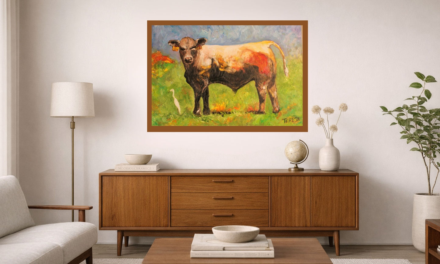 White Egret and the Bull. Original 24x36x1.5 inch-Animal-Textured Oil Gallery Wrap Painting