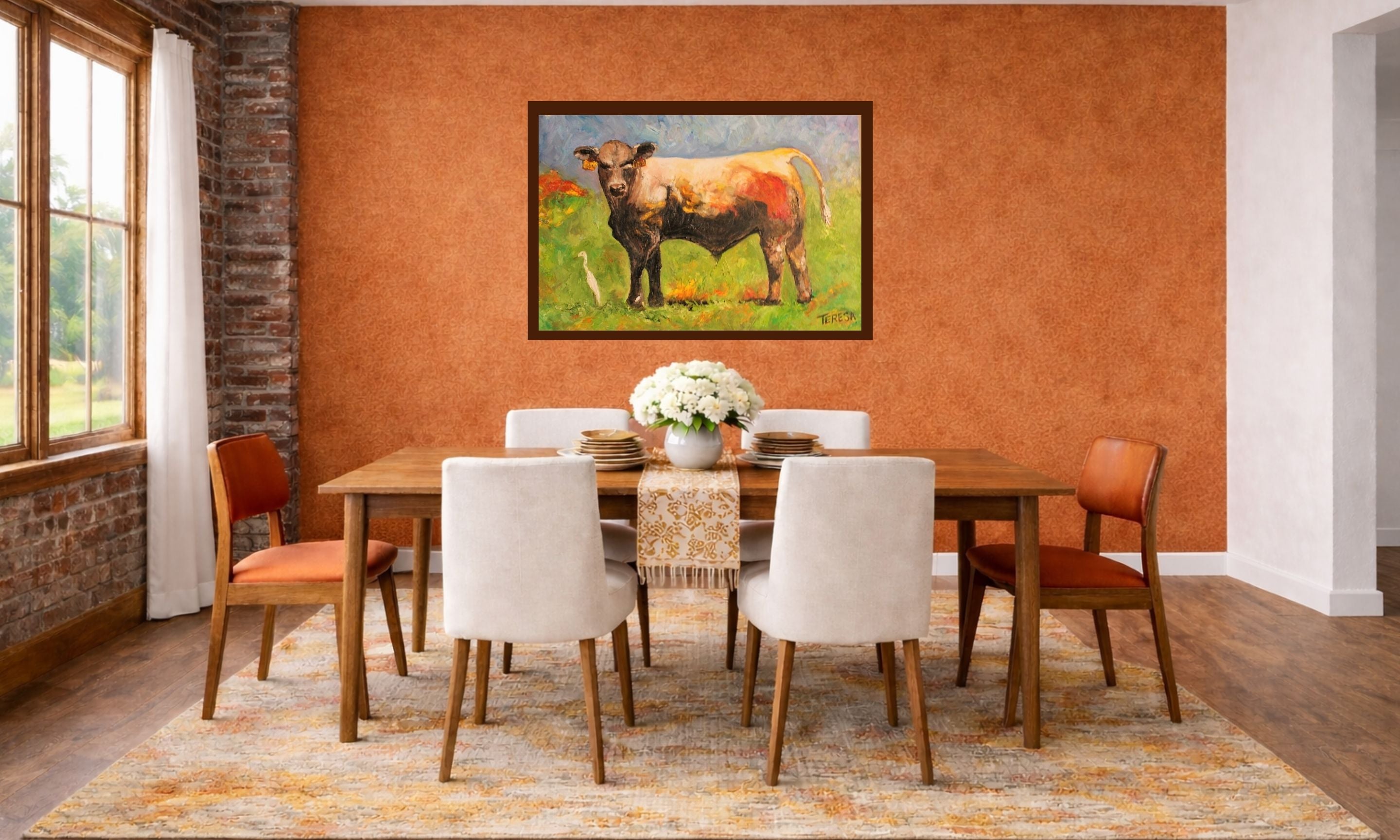 White Egret and the Bull. Original 24x36x1.5 inch-Animal-Textured Oil Gallery Wrap Painting