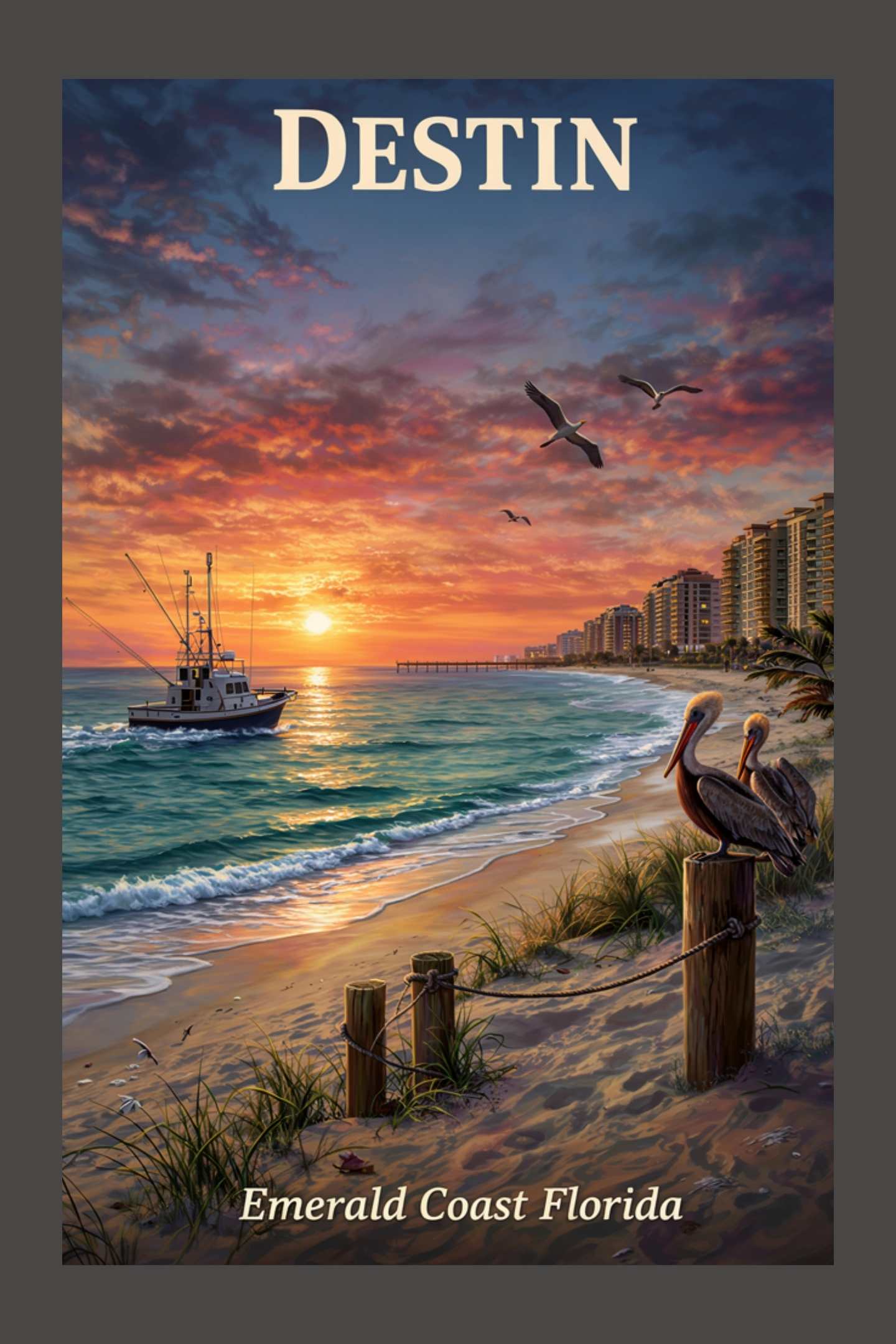 Emerald Coast Sunset In Destin| Travel Poster Art| Giclee Paper- Wood- Metal- Canvas