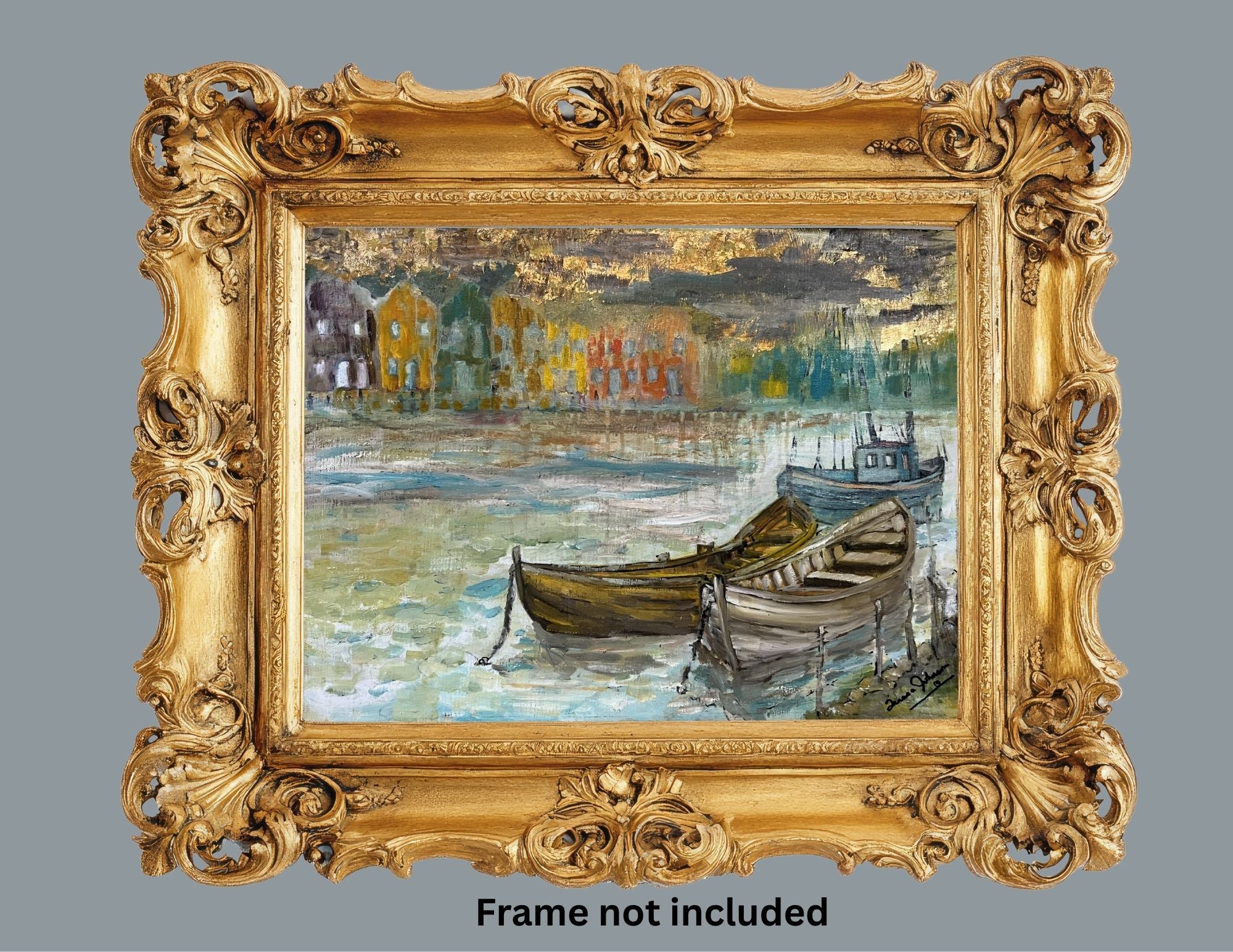 Rainy Harbor Acrylic Fishing boat Impressionist Wall Art | Original Coastal Acrylic Painting| Rainy Harbor (8x10x .5-inch) | Teresa Johnson