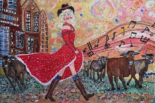 The “Singing Cowgirl" 36"x 24" x 1.5" Acrylic Textured and Varnished painting.