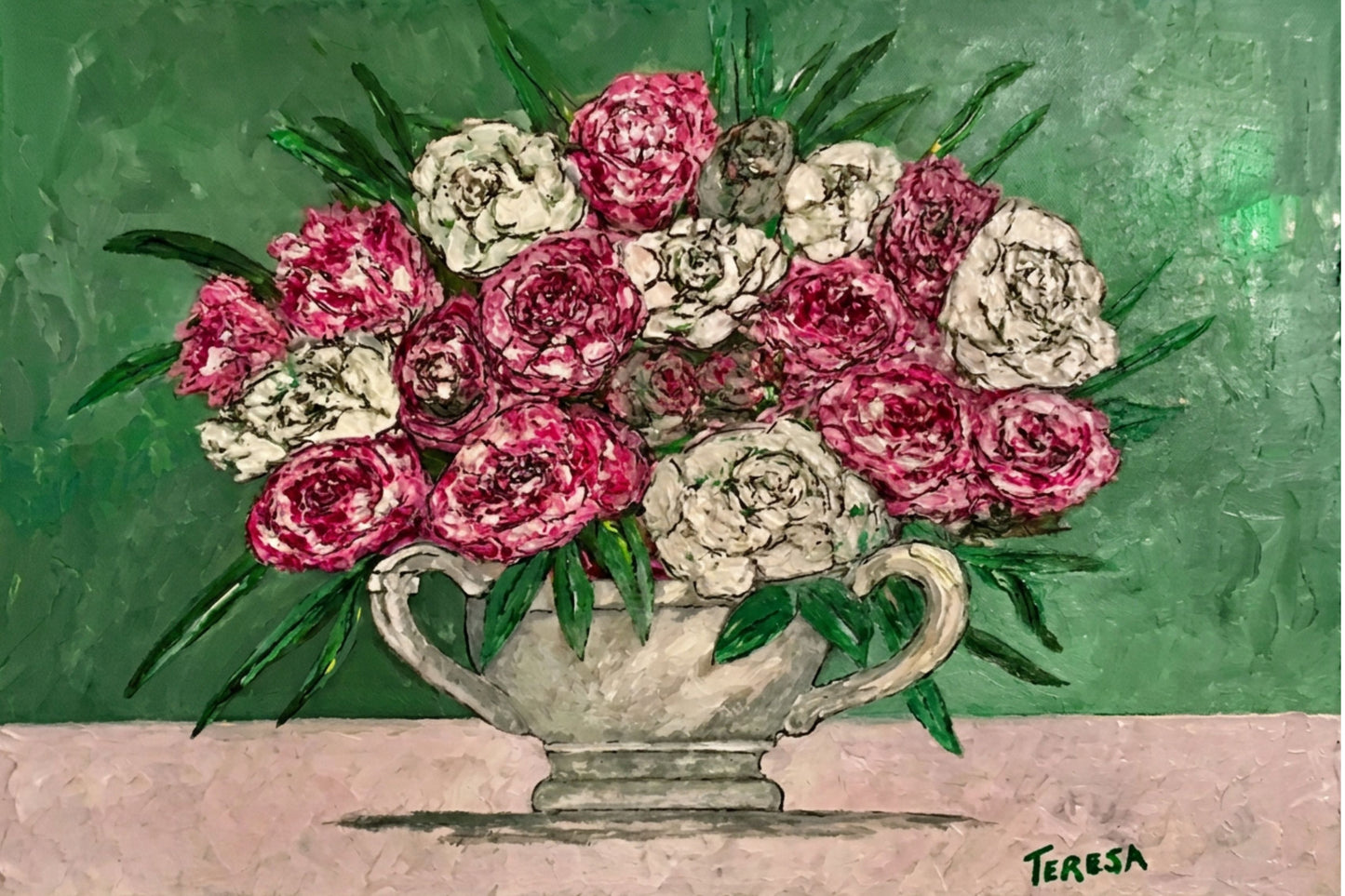 Garden's Best Arrangement | Original Teresa Johnson Floral Painting | Pink & White Roses in Vintage Pitcher | Giclée Paper • Wood • Metal • Canvas