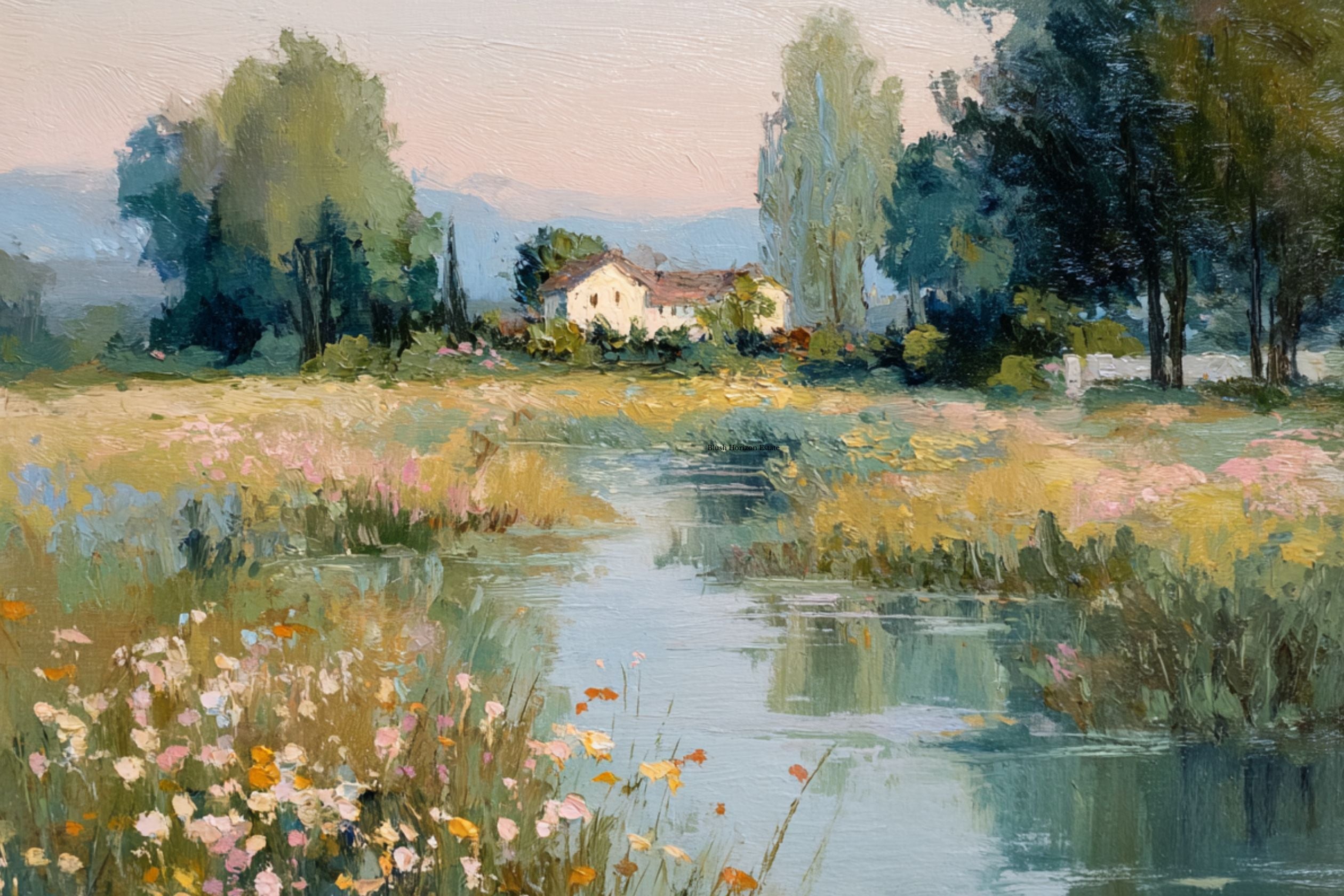 Gentle Waters Cottage |Impressionist Print| Stream and Wildflower Art| Cottage Garden Wall Art| Giclée on Canvas, Wood, Metal & Fine Art Paper
